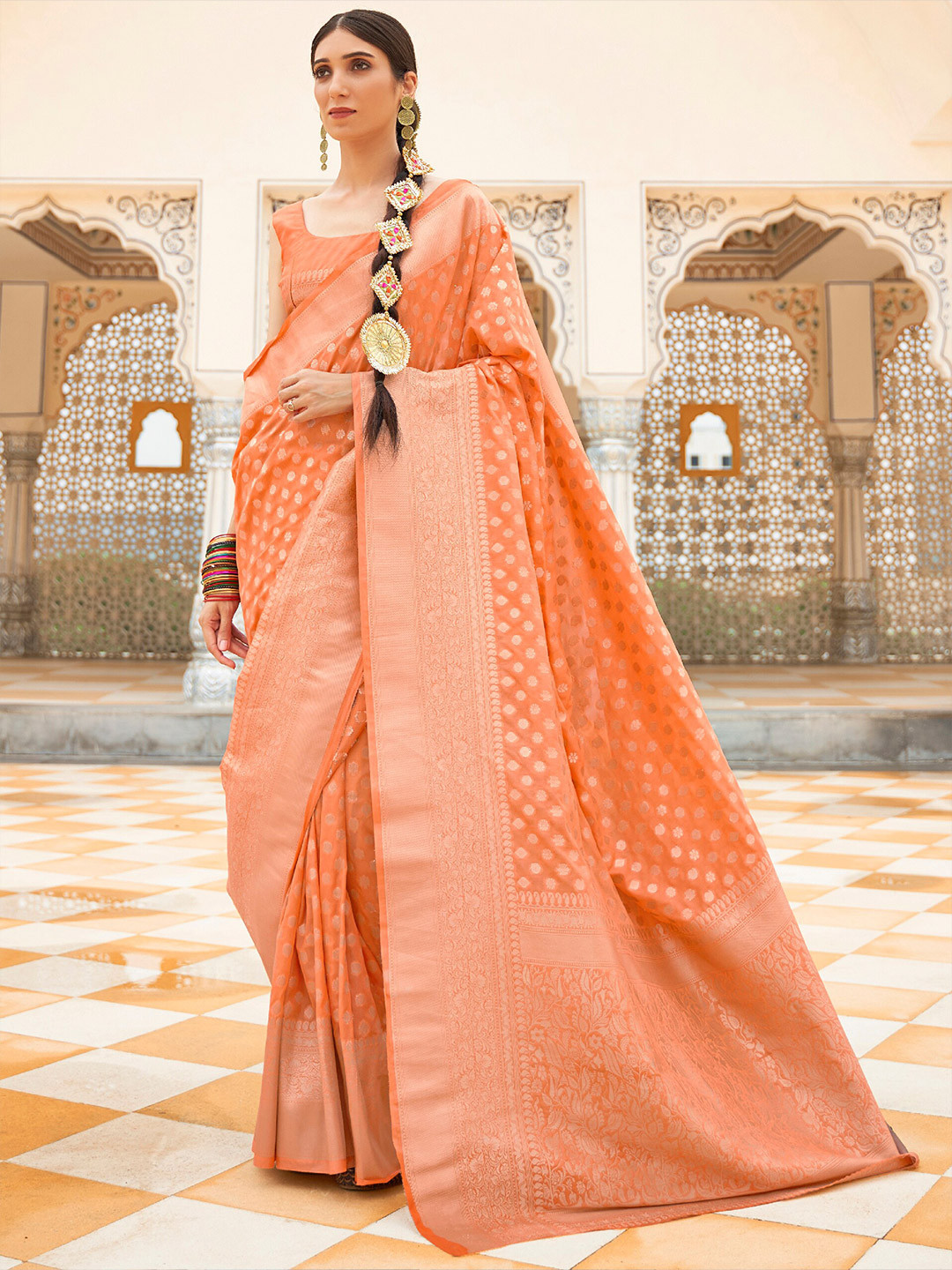 

Mitera Orange & Golden Floral Zari Banarasi Saree