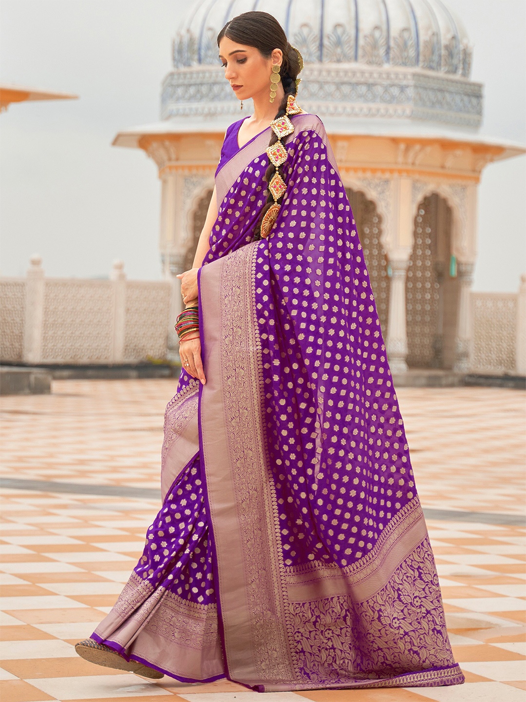 

Mitera Violet & Golden Ethnic Motifs Zari Banarasi Saree