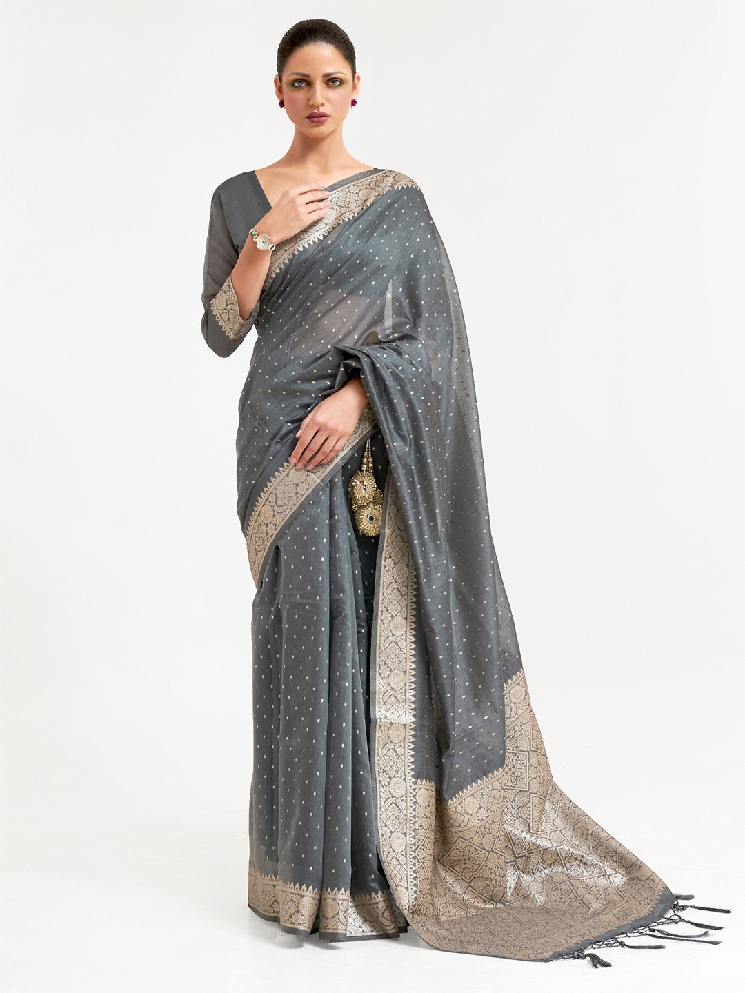 

Mitera Grey & Gold-Toned Ethnic Motifs Banarasi Saree