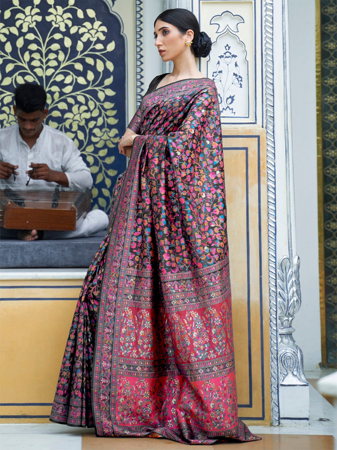 

Mitera Black & Pink Floral Silk Blend Saree
