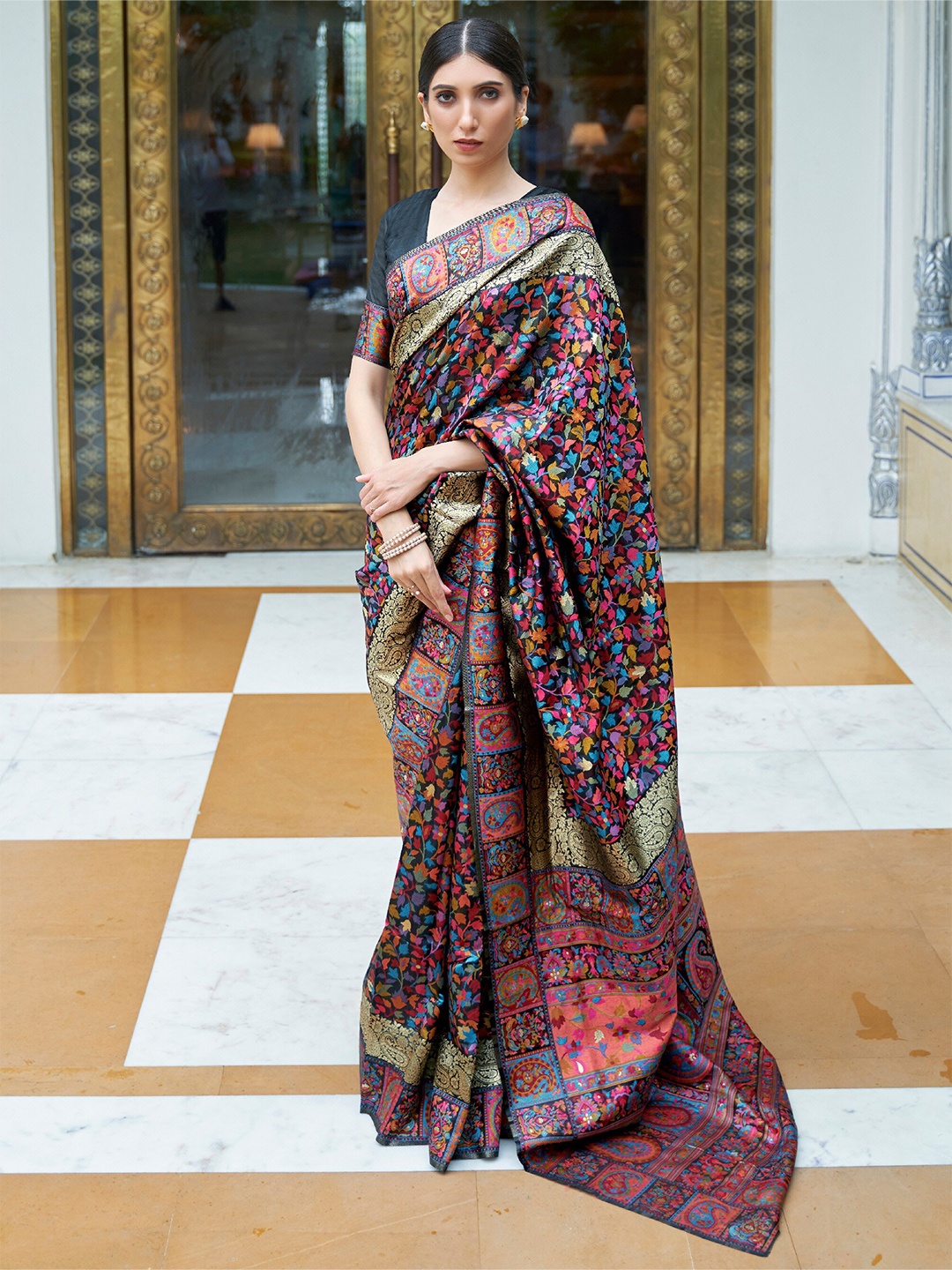

Mitera Black & Pink Silk Blend Banarasi Saree