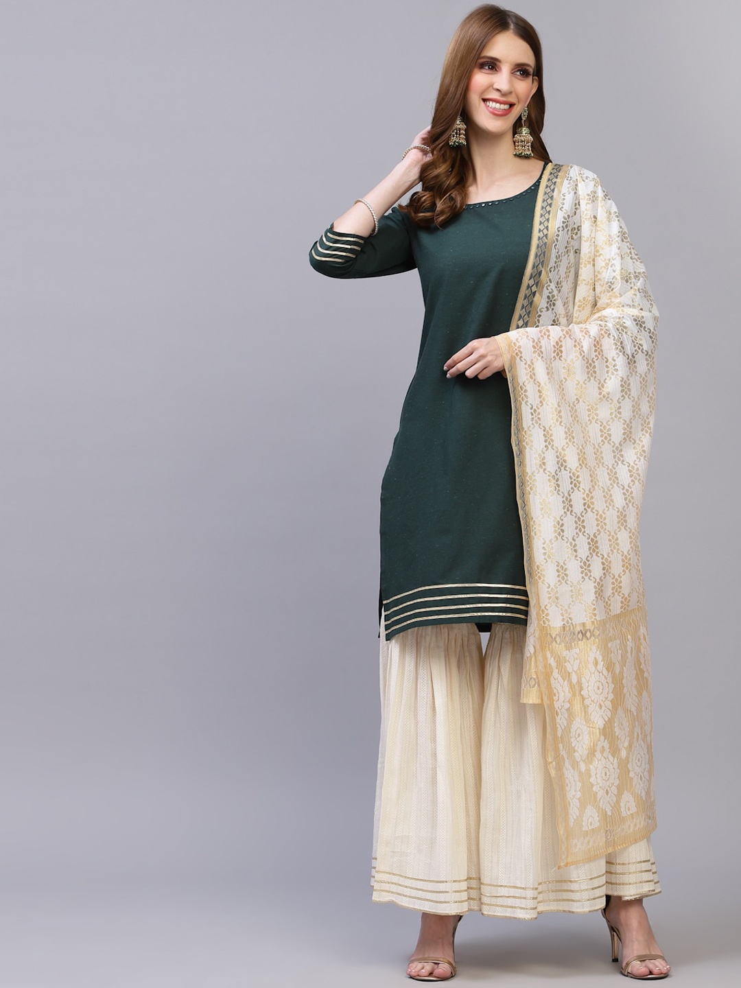 

SERONA FABRICS Women Green Ethnic Motifs Striped Layered Kurti with Sharara & With Dupatta