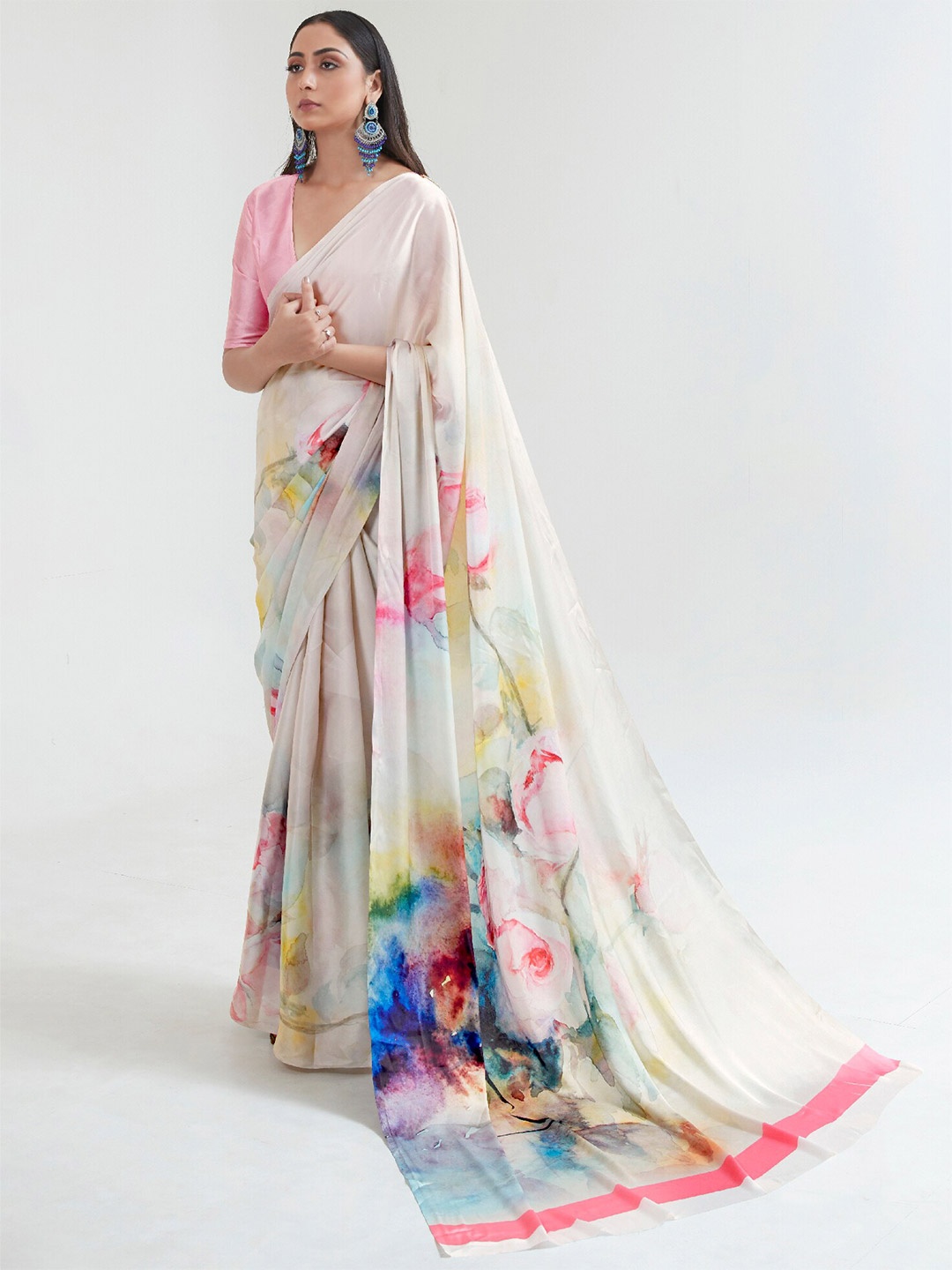 

Mitera Off-White & Pink Abstract Printed Satin Saree