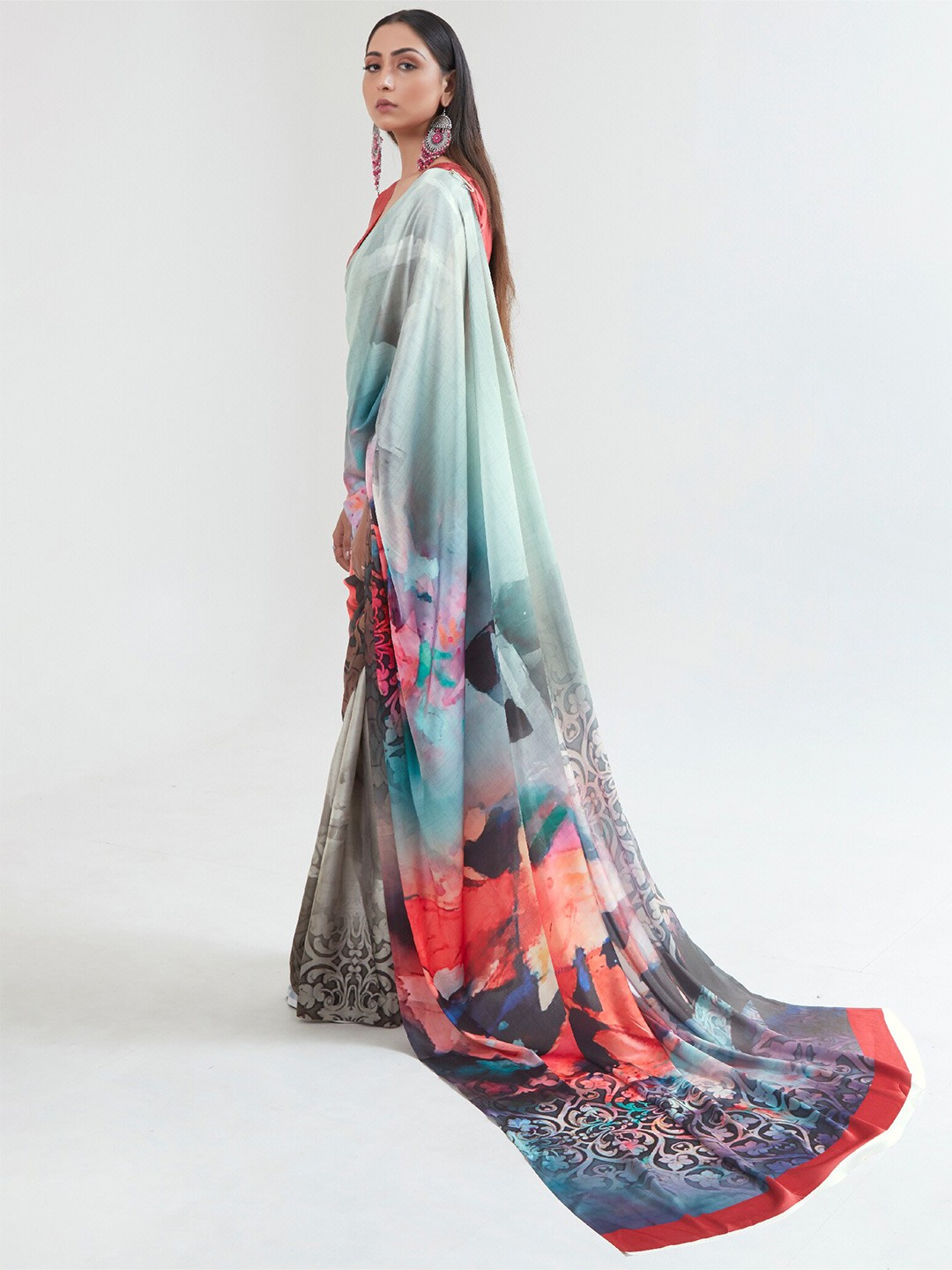 

Mitera Blue & Red Floral Satin Saree