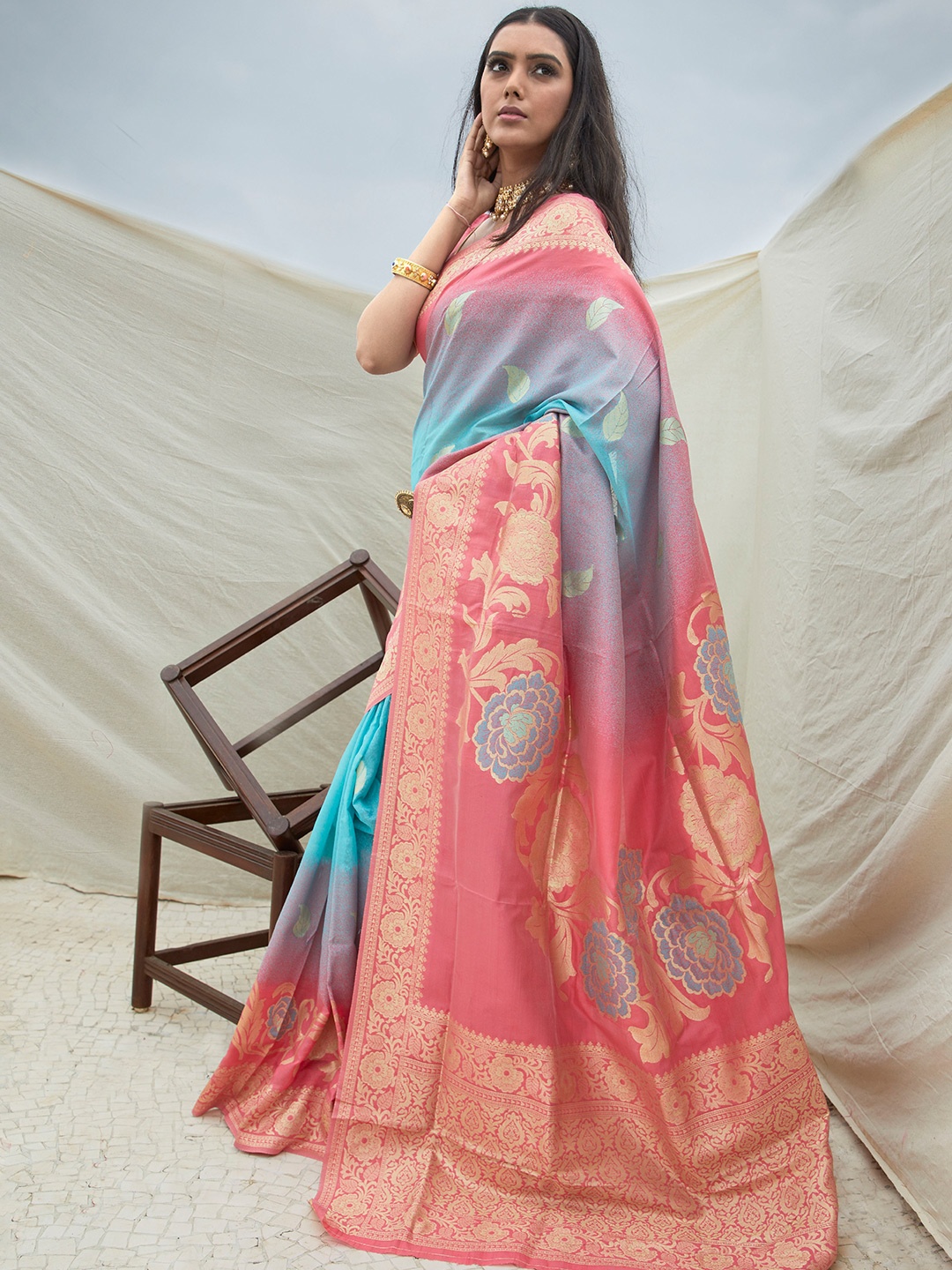 

Mitera Pink & Blue Floral Banarasi Saree