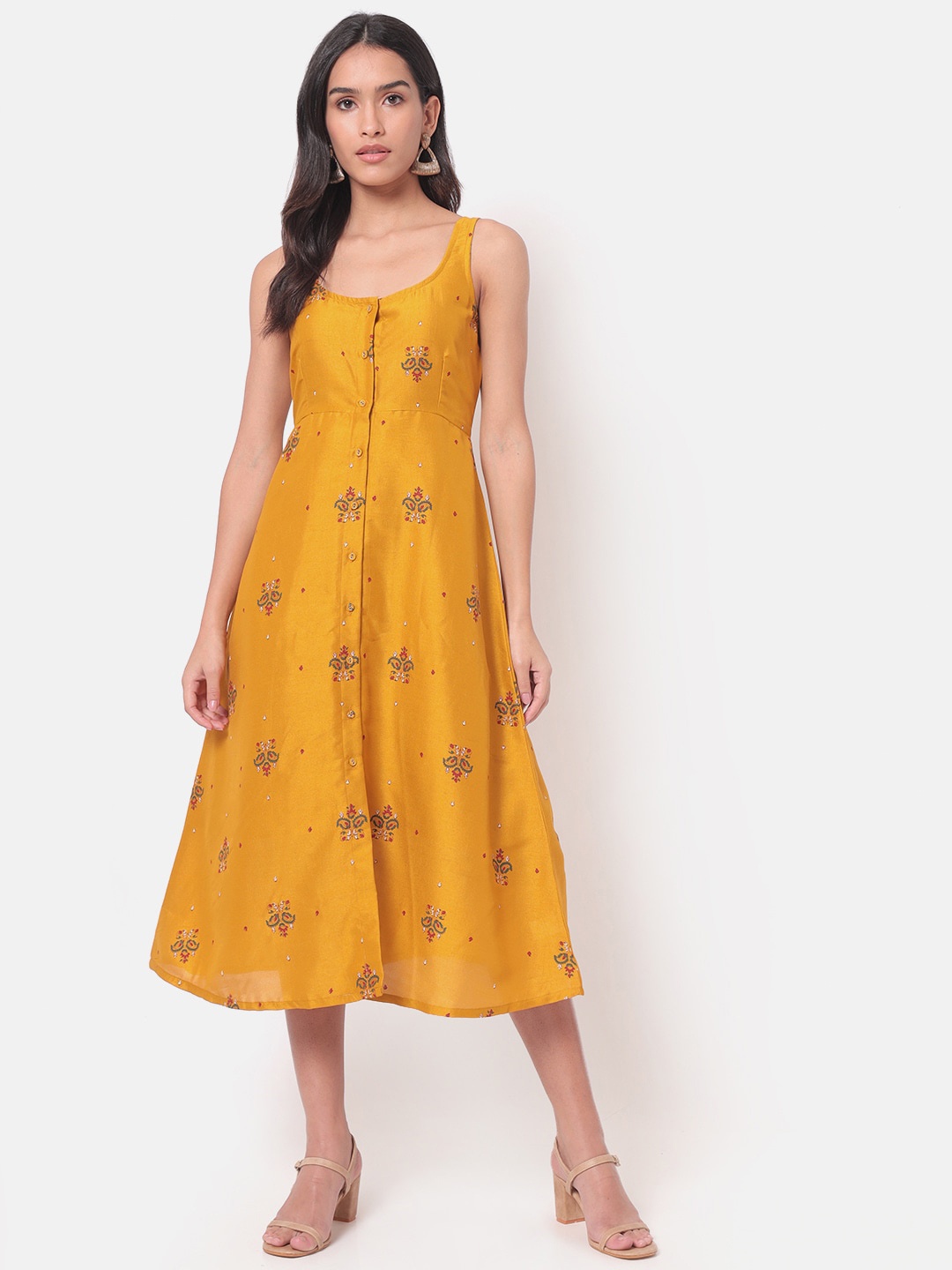 

Saaki Yellow Floral A-Line Midi Dress