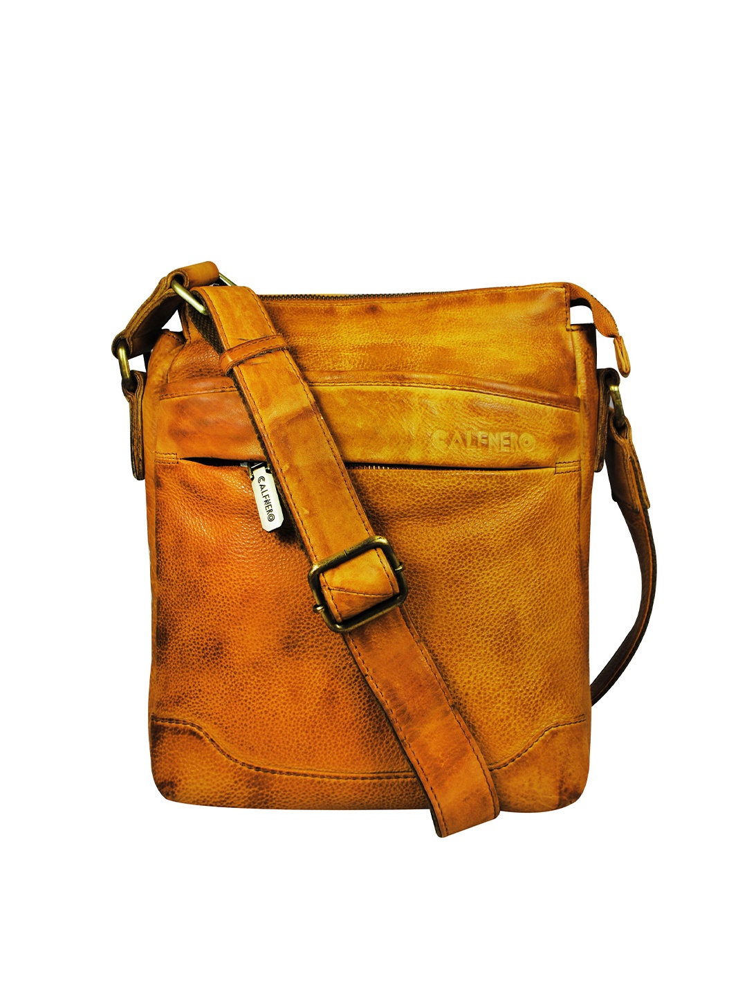 

CALFNERO Camel Brown Leather Structured Sling Bag