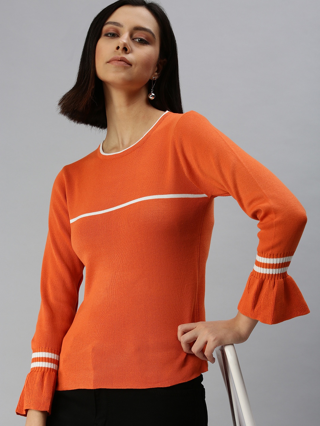 

SHOWOFF Women Orange & White Fitted Top