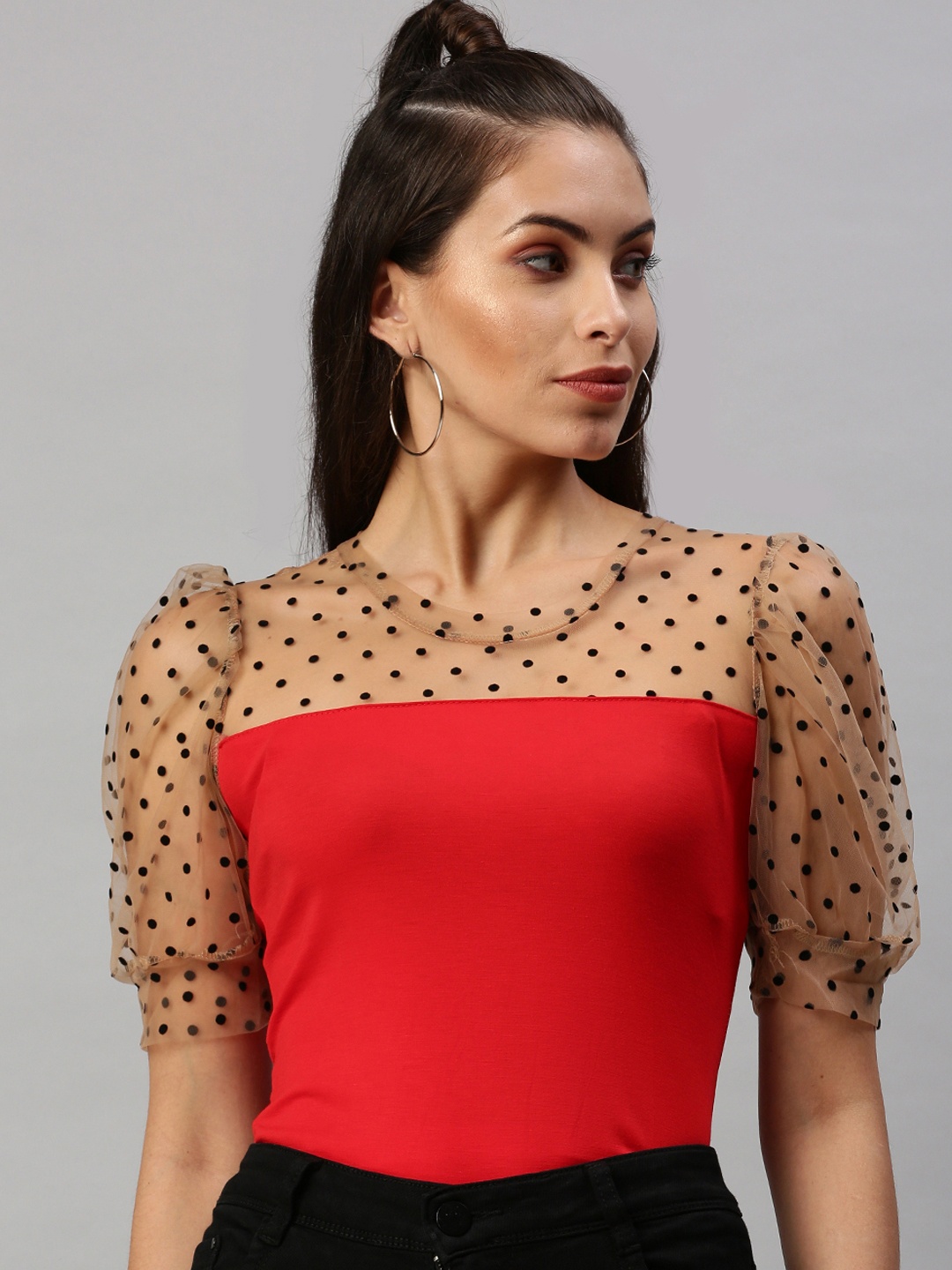 

SHOWOFF Women Red & Beige Printed Round Neck Regular Top