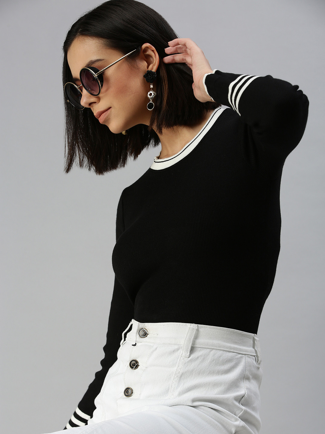 

SHOWOFF Women Black & White Solid Round Neck Fitted Top
