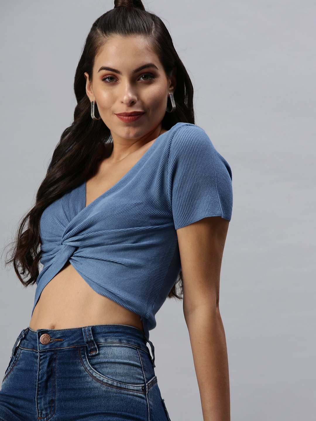 

SHOWOFF Blue Twisted Wrap Crop Top