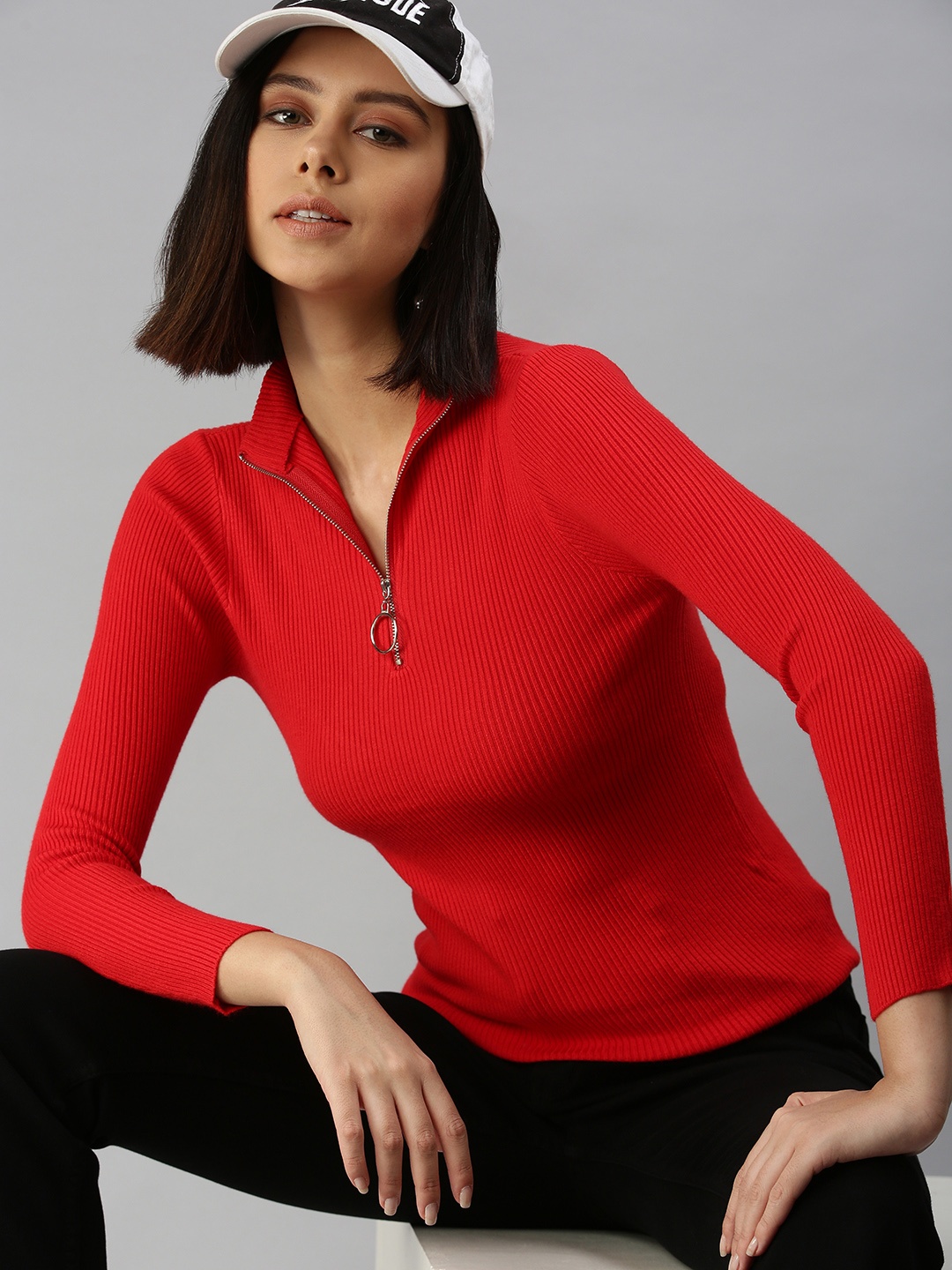 

SHOWOFF Women Red Solid High Neck Fitted Top