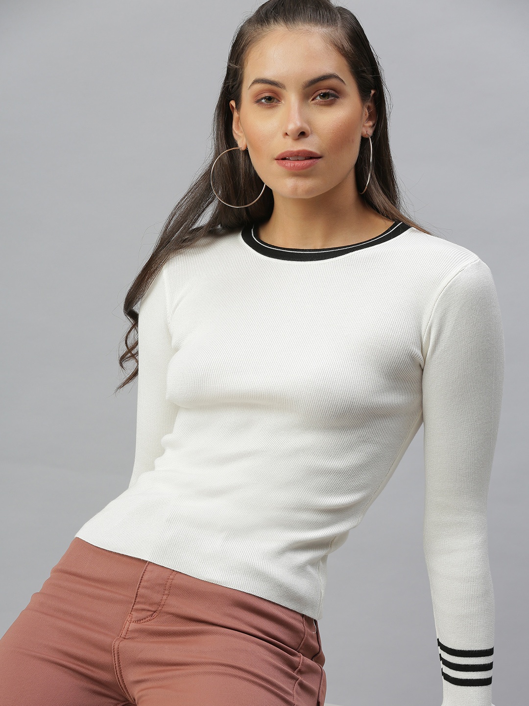 

SHOWOFF Women Off White & Black Fitted Top