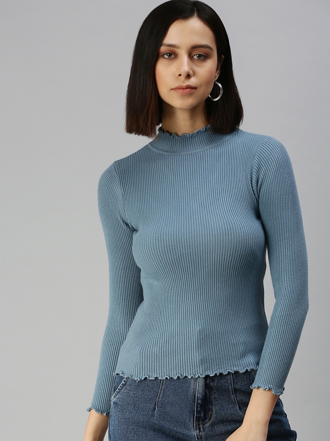 

SHOWOFF Women Blue Solid High Neck Fitted Top