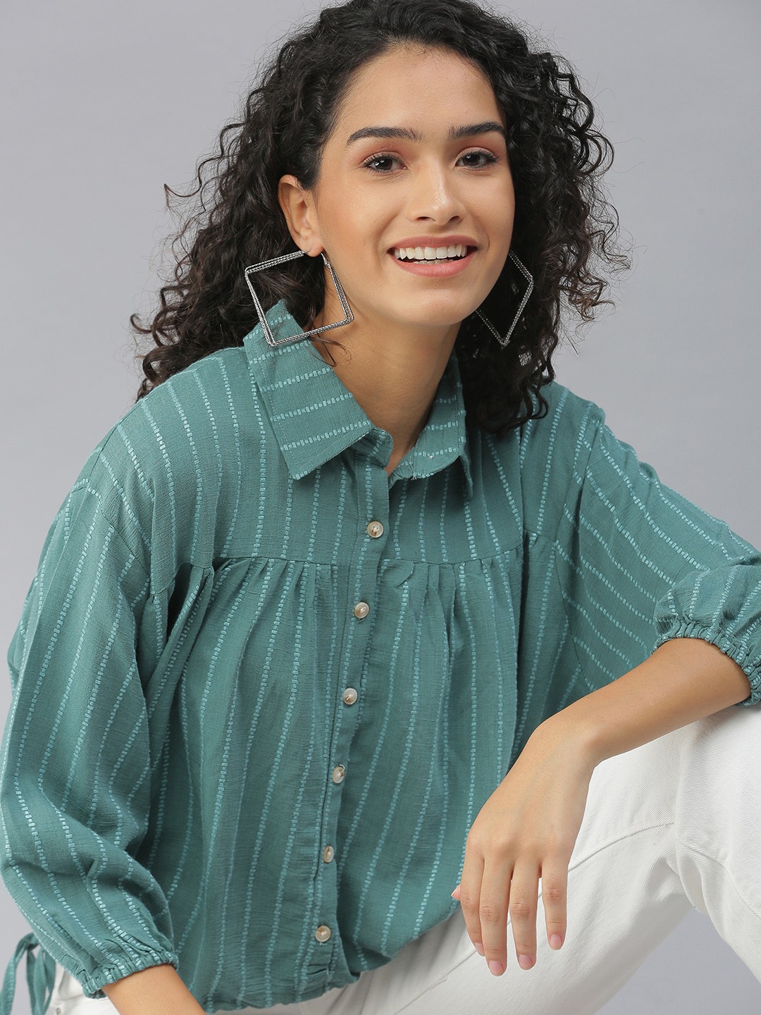 

SHOWOFF Sea Green Striped Shirt Style Top