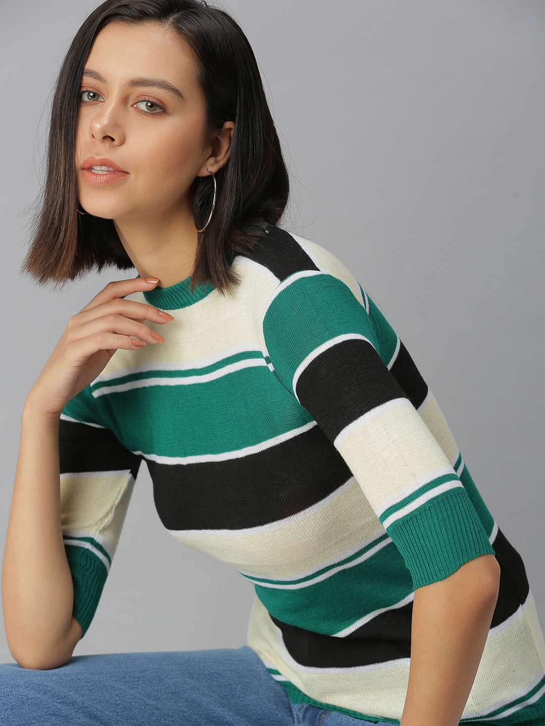 

SHOWOFF Green & pastel parchment Striped Top