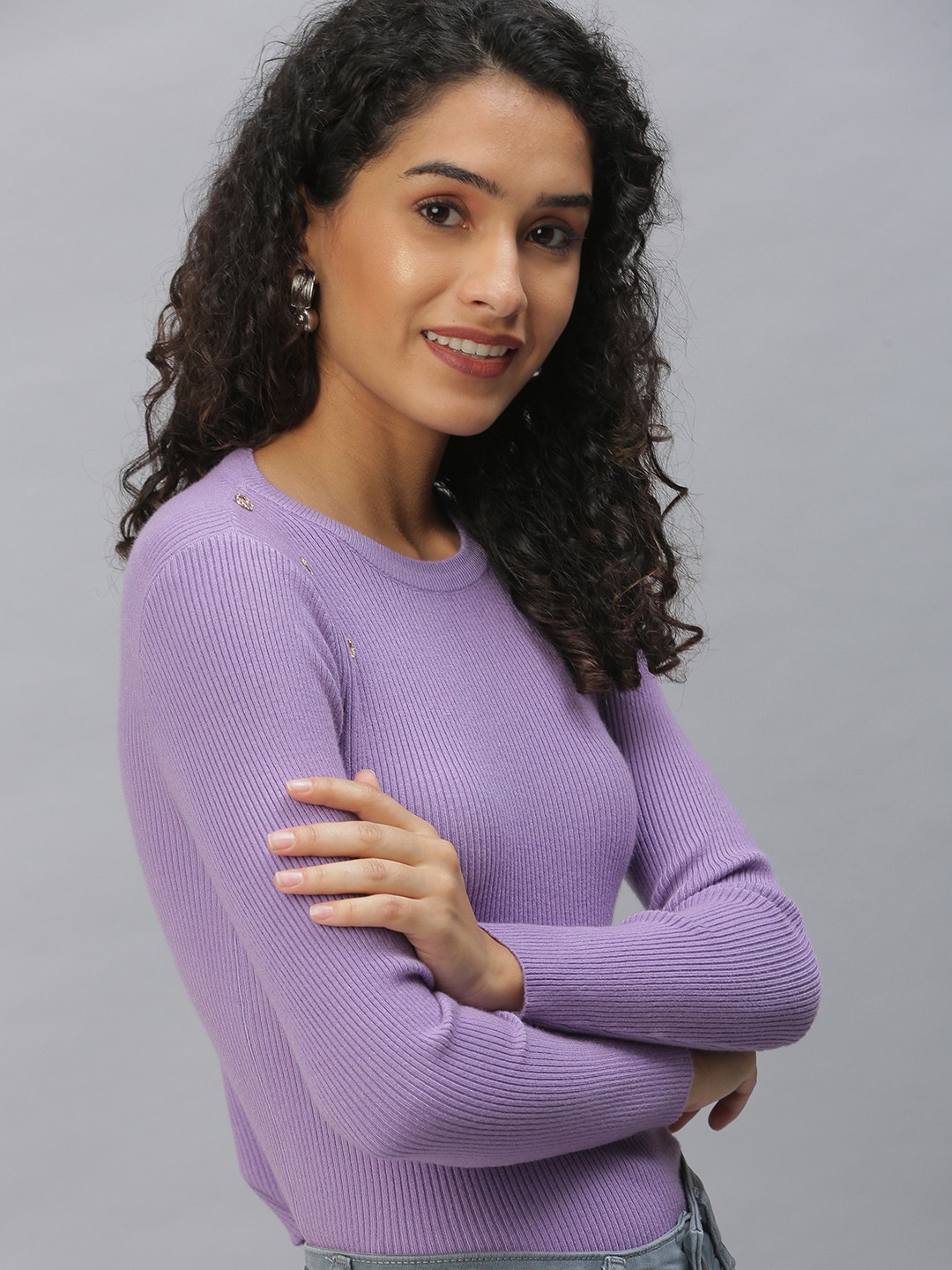 

SHOWOFF Women Purple Solid Round Neck Fitted Top