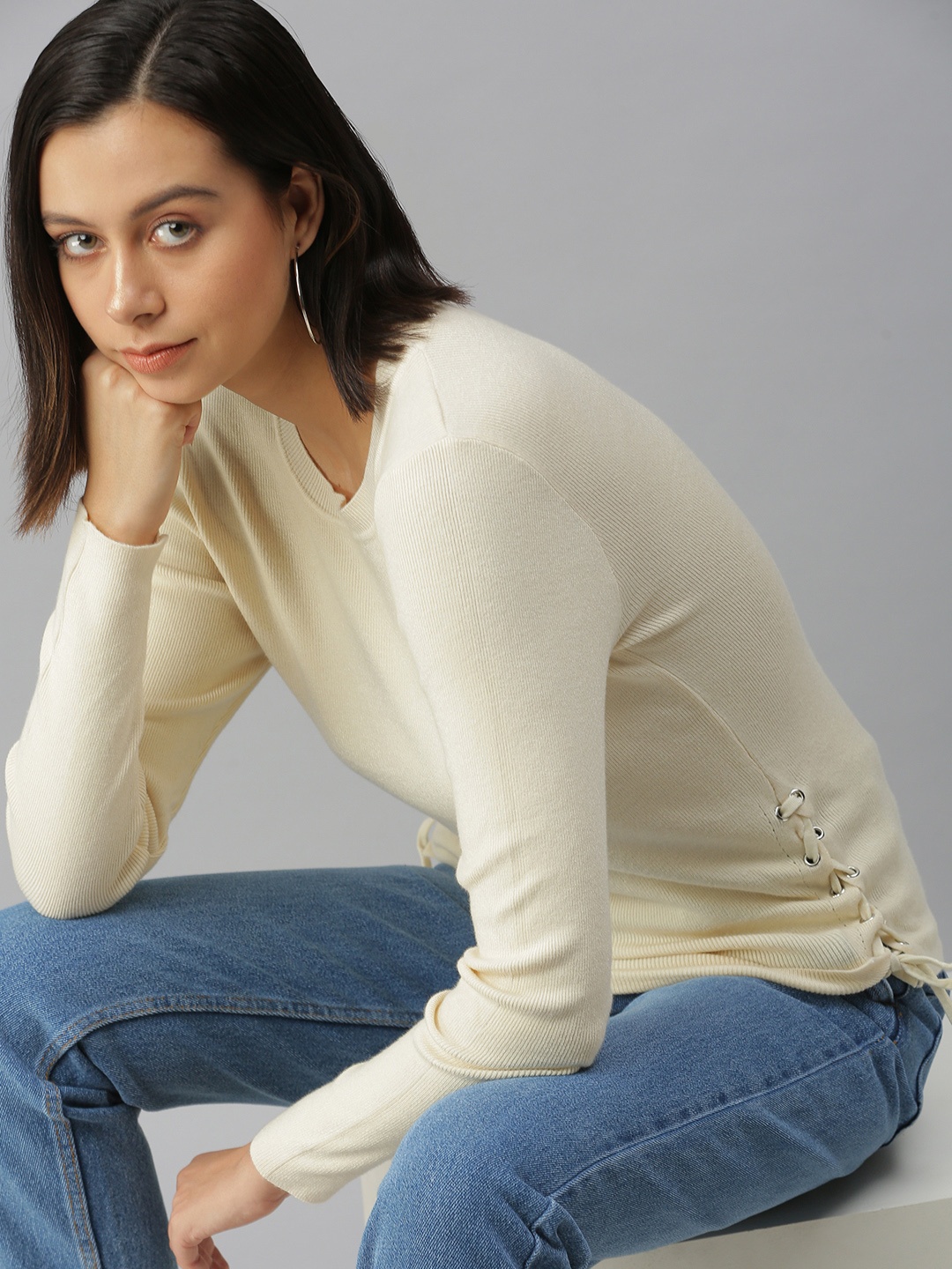 

SHOWOFF Women Cream-Coloured Solid Round Neck Acrylic Regular Top