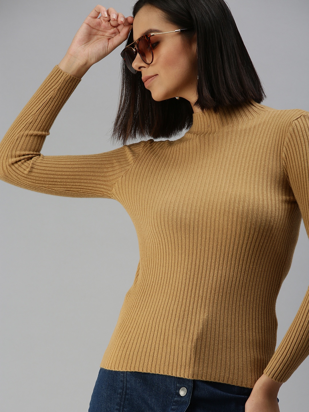 

SHOWOFF Women Camel Brown Knitted Top