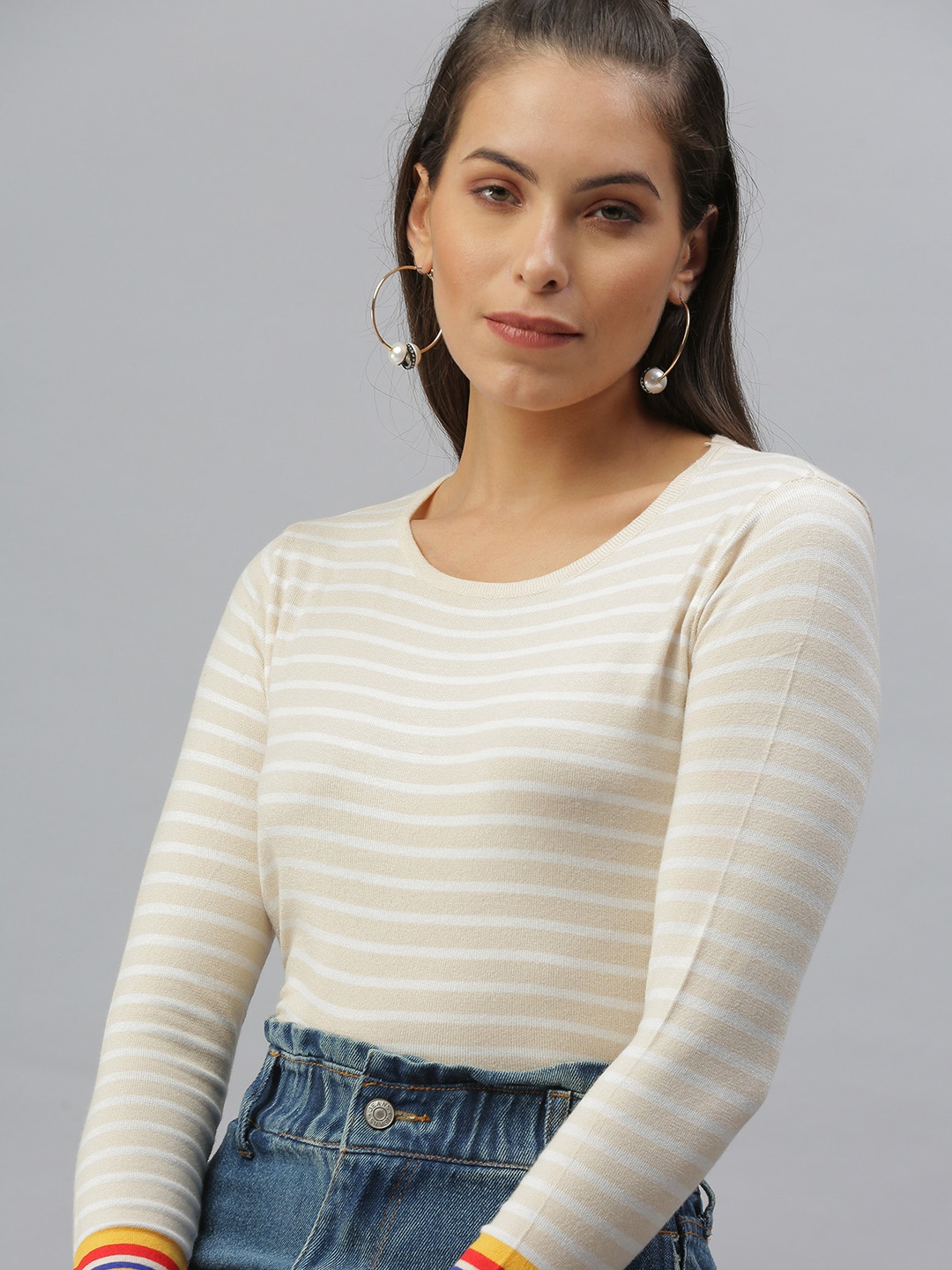 

SHOWOFF Beige & silver Striped Top