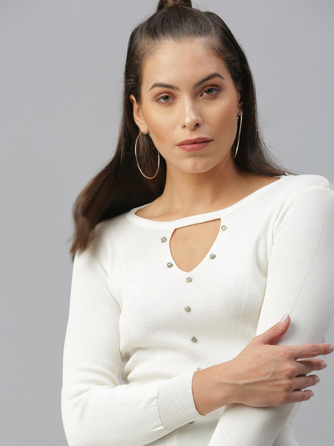 

SHOWOFF Off White & petal pink Keyhole Neck Studded Top