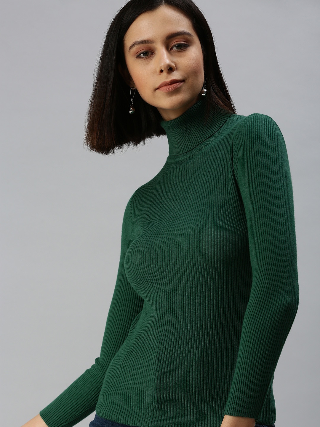 

SHOWOFF Women Green High Neck Knitted Top