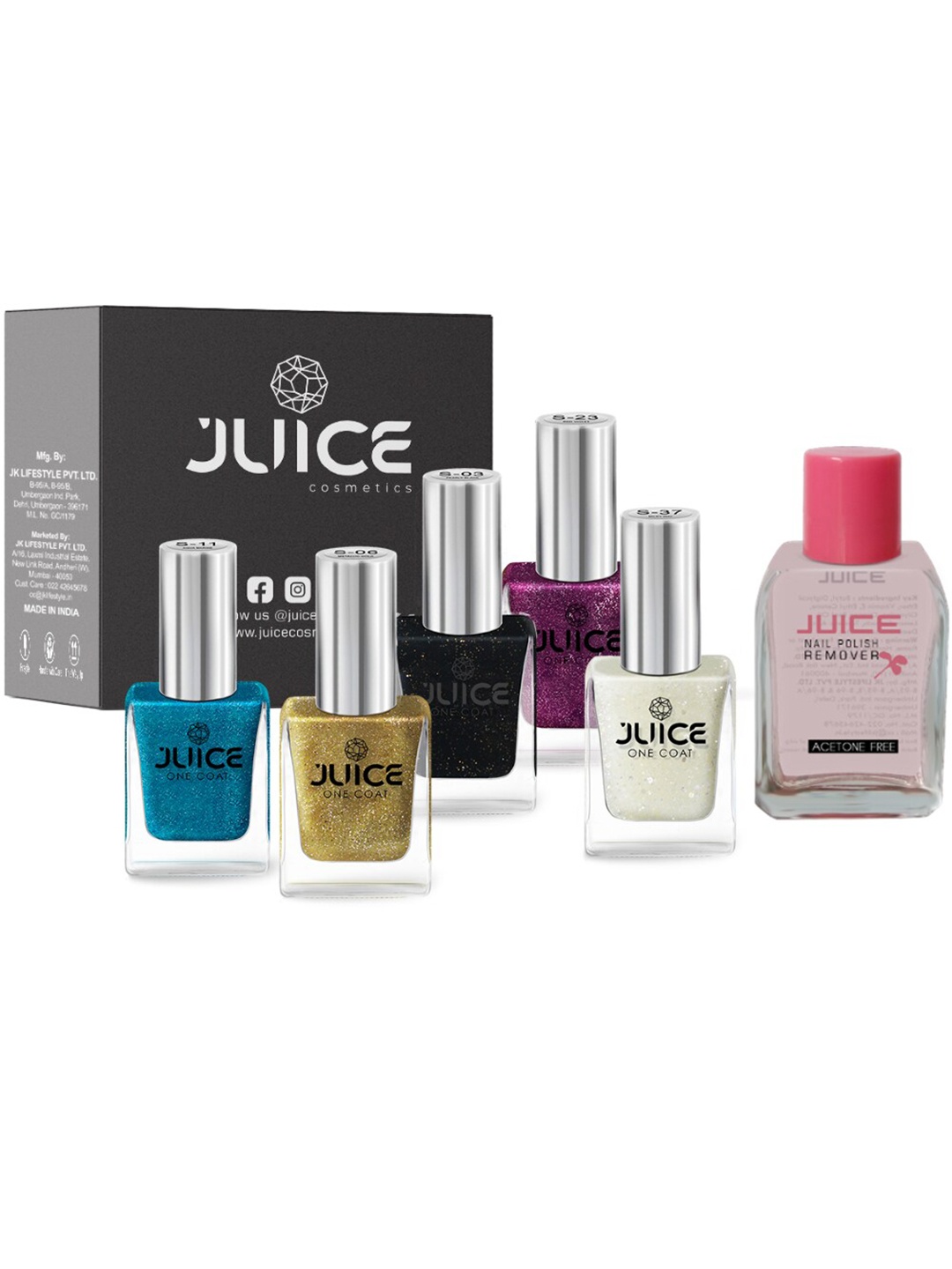 

JUICE Set of 5 One Coat Nail Polishes with Nail Polish Remover, Multi