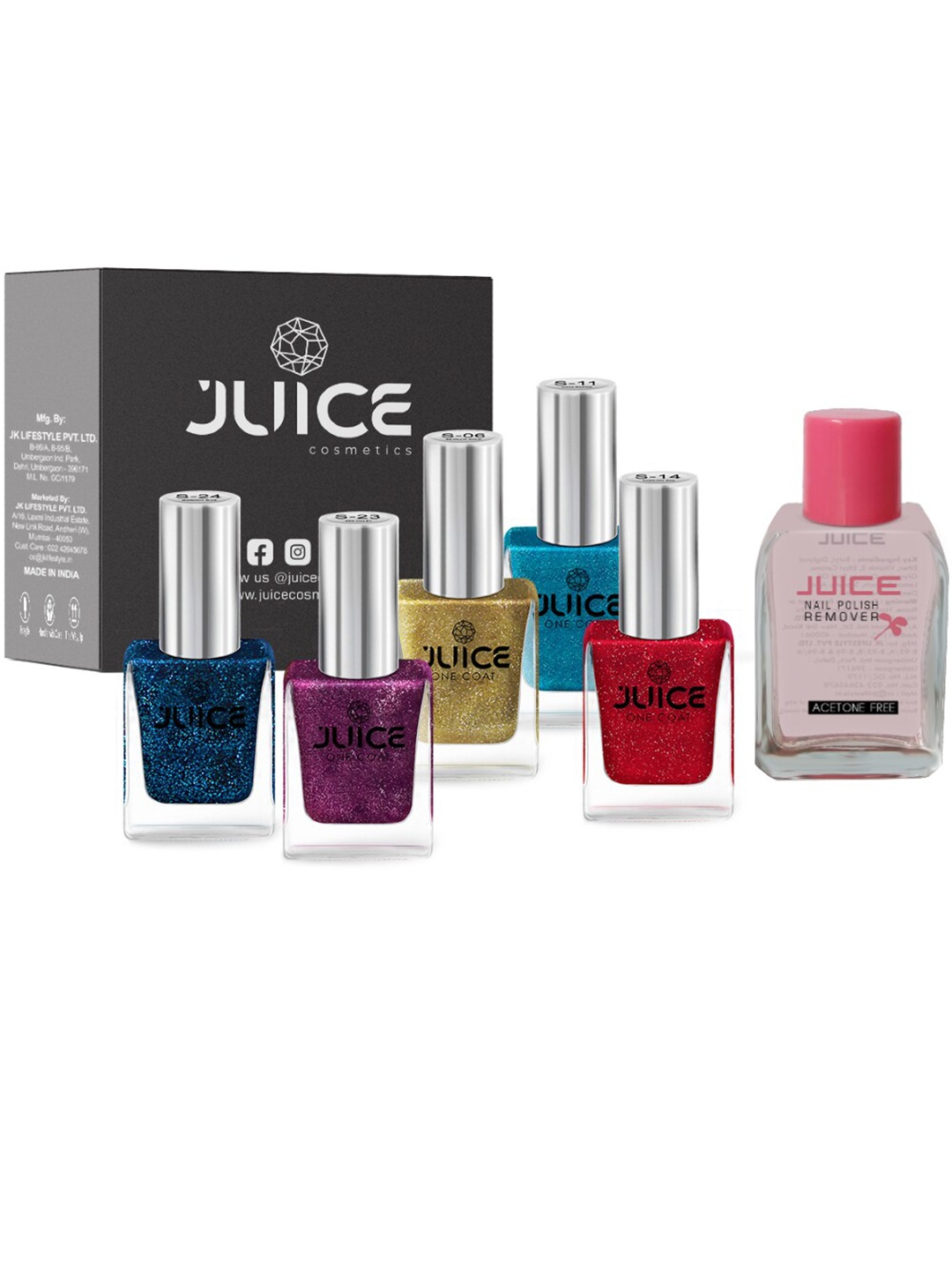 

JUICE Set of 5 One Coat Nail Polishes with Nail Polish Remover, Multi