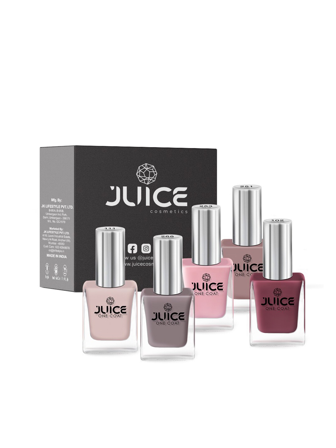 

JUICE Set of 5 One Coat Nail Polish with Nail Polish Remover, Multi