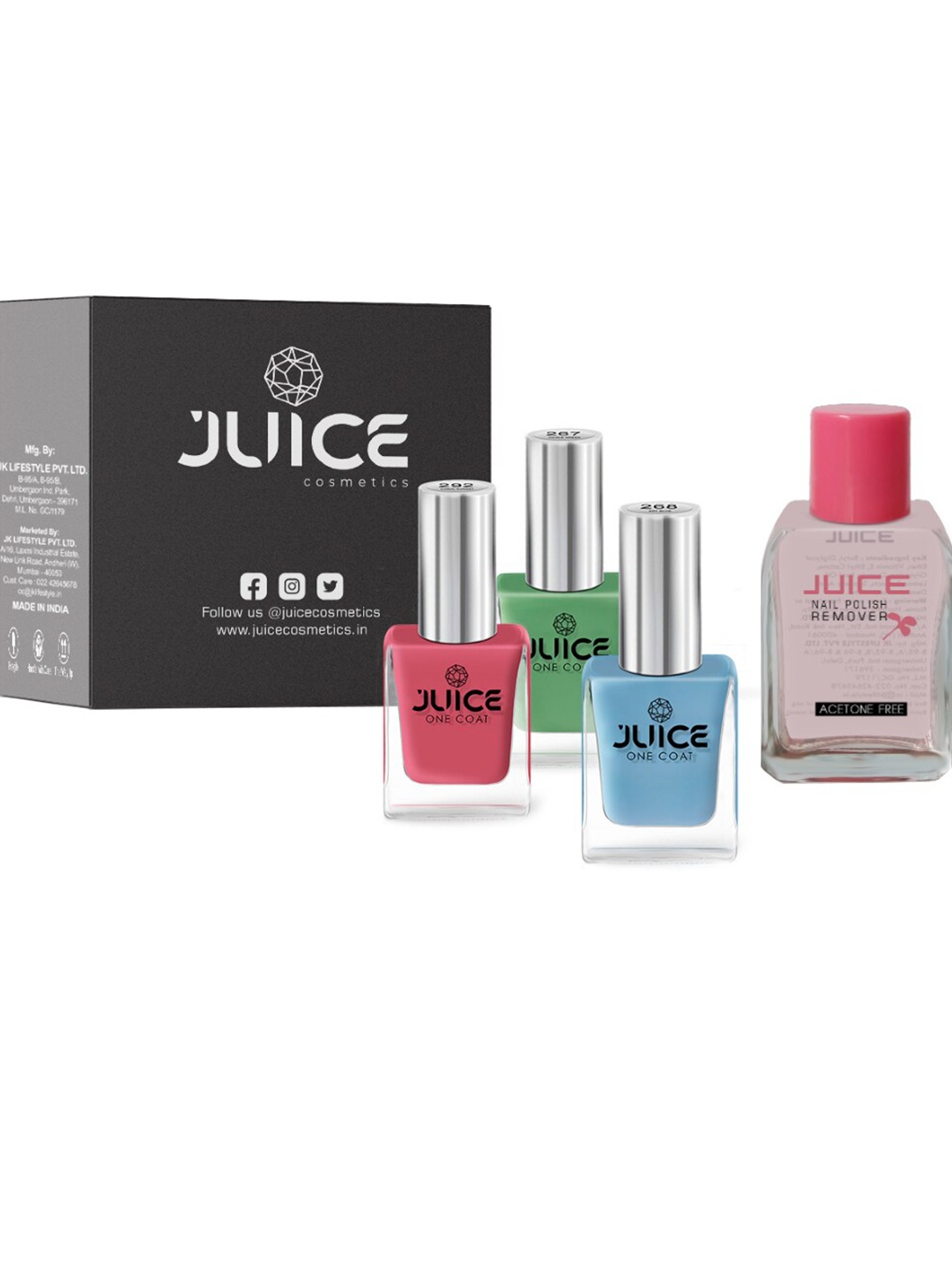 

JUICE Set of 3 One Coat Nail Polishes with Nail Polish Remover, Pink