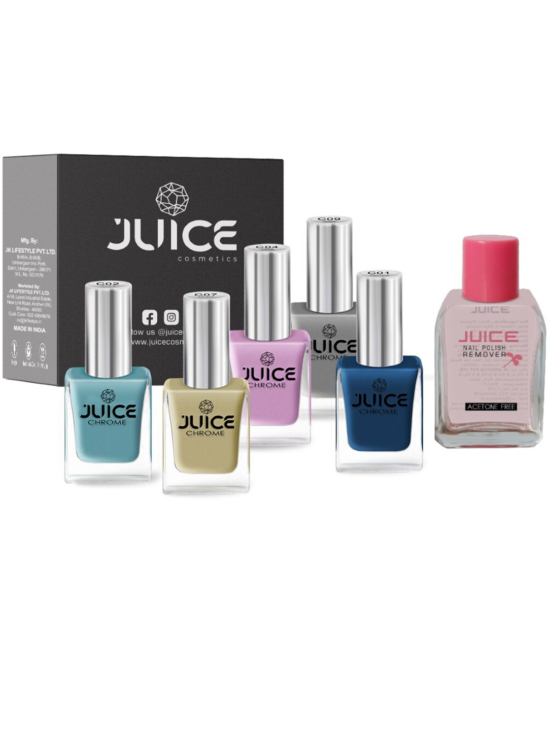 

JUICE Set of 5 One Coat Nail Polishes with Nail Polish Remover, Multi