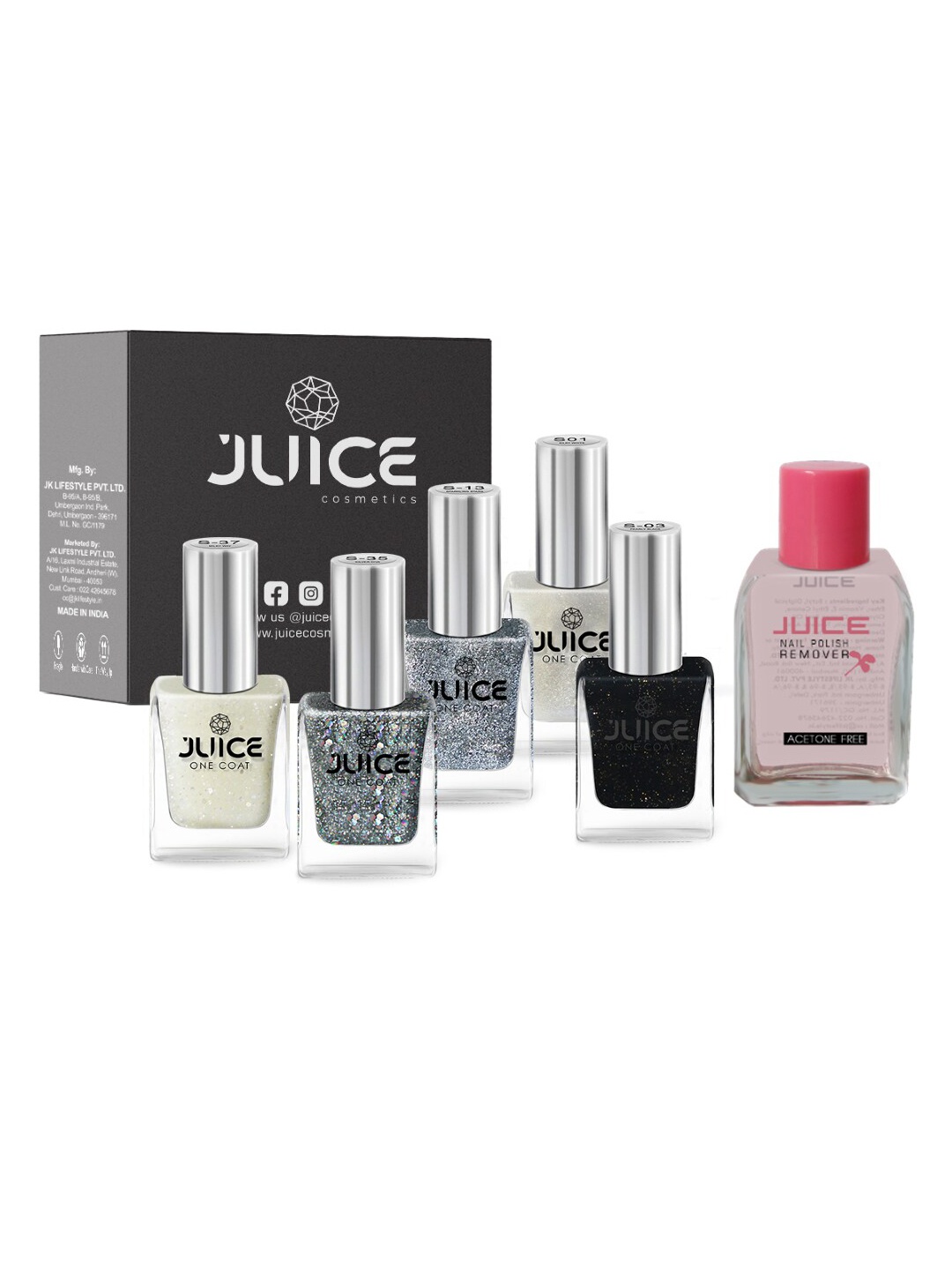 

JUICE Set of 5 One Coat Nail Polishes with Nail Polish Remover, Multi