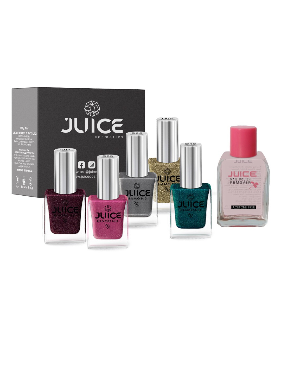 

JUICE Set of 5 One Coat Nail Polishes with Nail Polish Remover, Multi