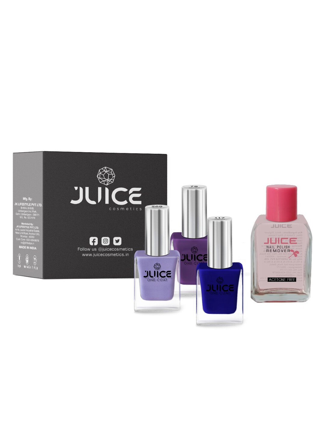 

JUICE Set of 3 One Coat Nail Polishes with Nail Polish Remover, Blue