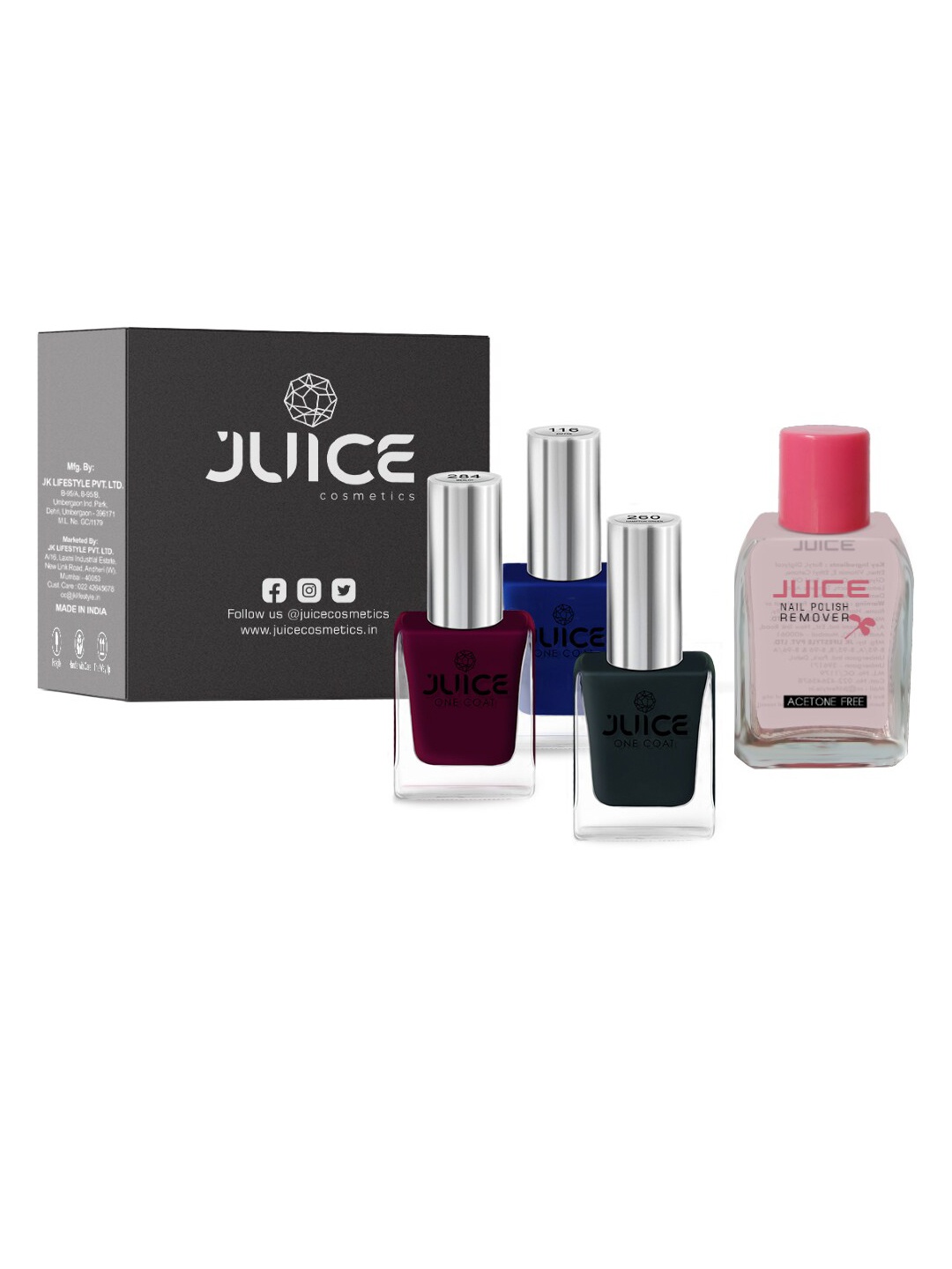 

JUICE Set of 3 One Coat Nail Polishes with Nail Polish Remover, Burgundy