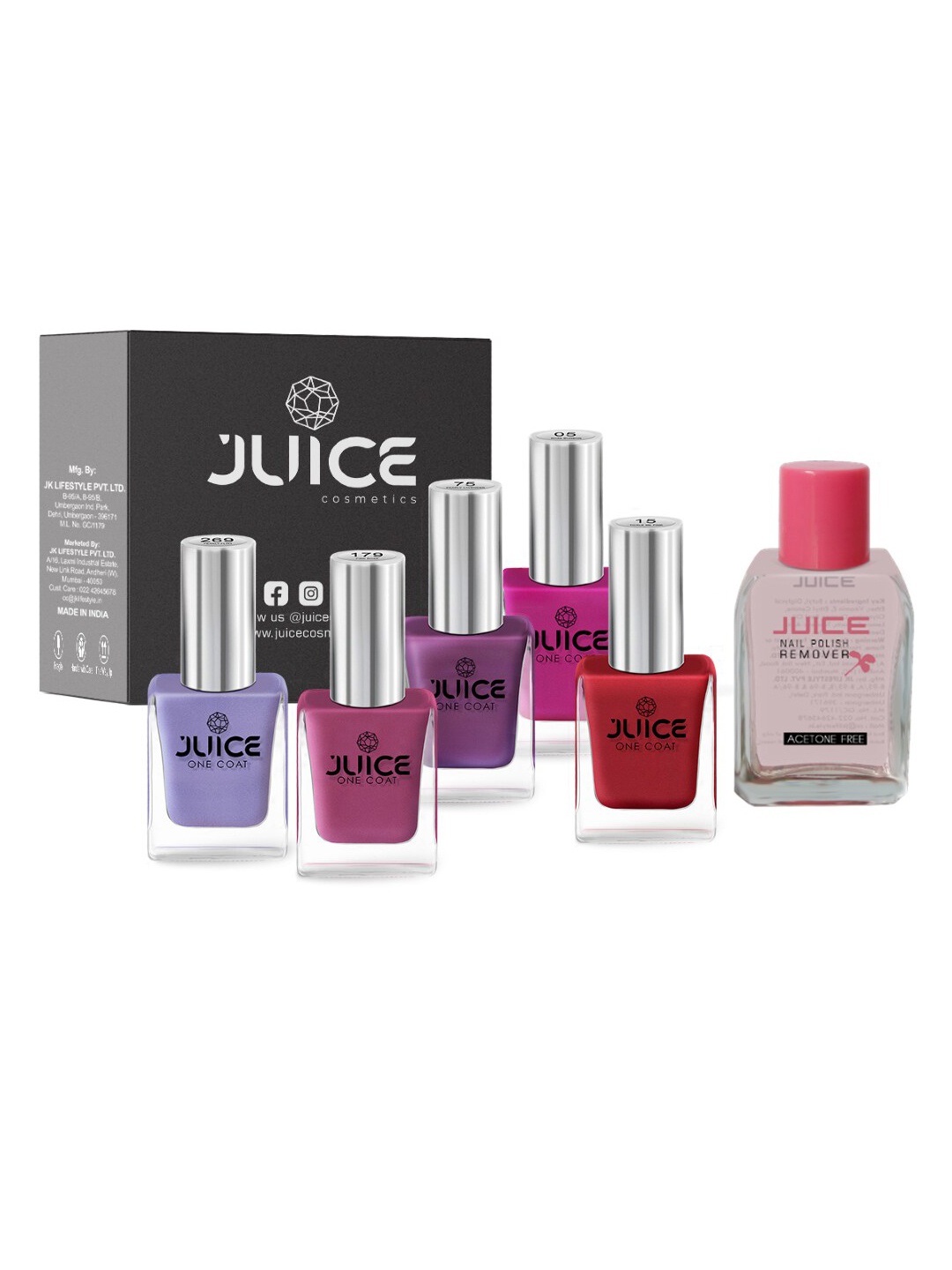 

JUICE Set of 5 One Coat Nail Polishes with Nail Polish Remover, Multi