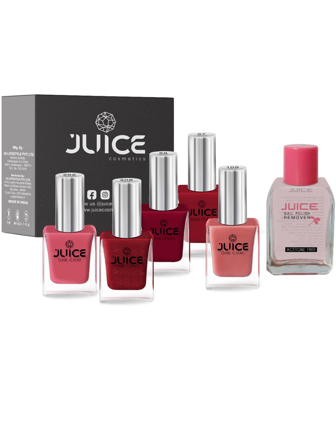 JUICE Set of 5 One Coat Nail Polishes with Nail Polish Remover, Multi