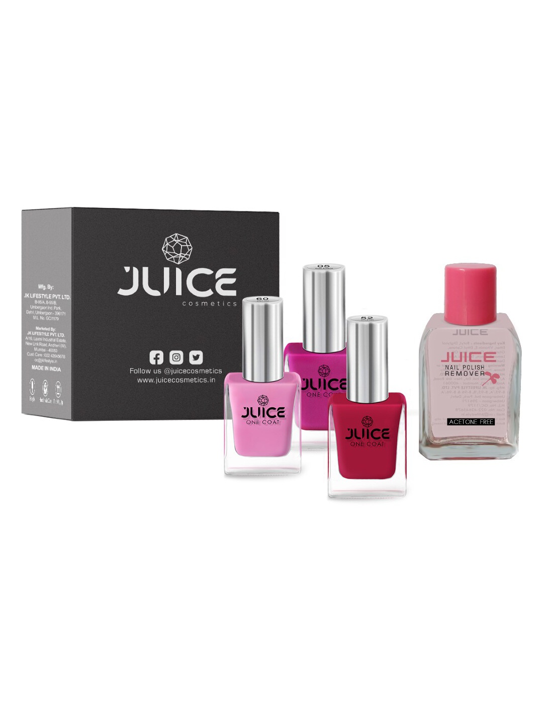 

JUICE Set of 3 One Coat Nail Polishes with Nail Polish Remover, Pink