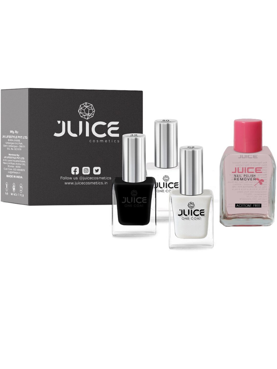 

JUICE Set of 3 One Coat Nail Polishes with Nail Polish Remover, White