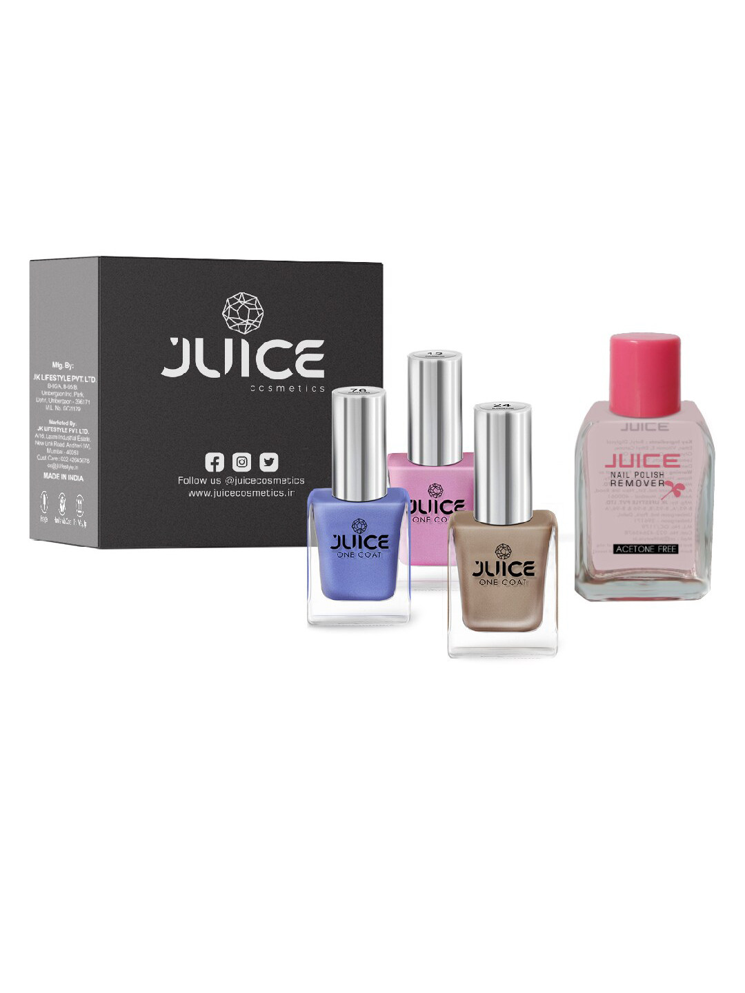 

JUICE Set of 3 One Coat Nail Polishes with Nail Polish Remover, Blue