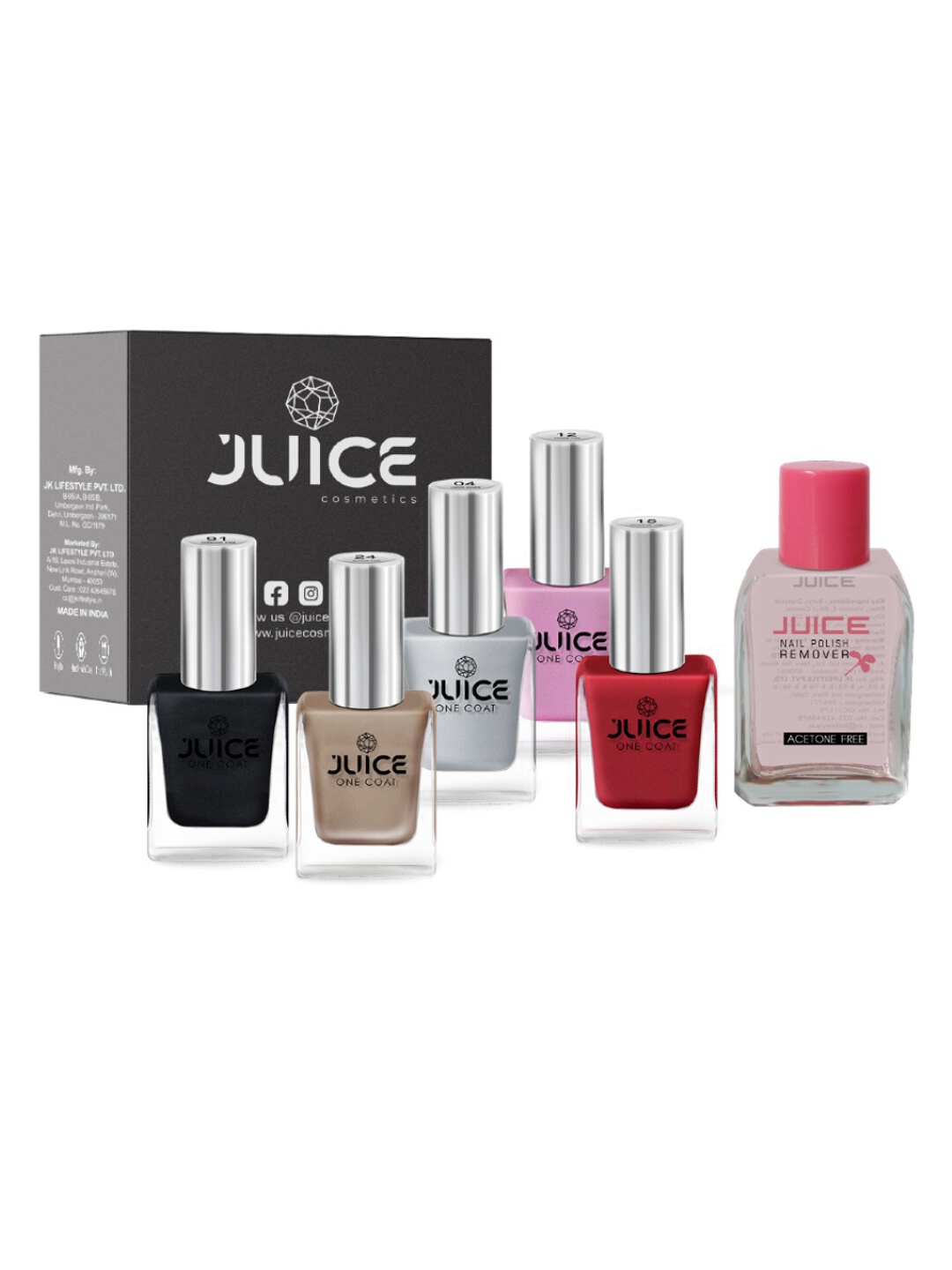 

JUICE Set of 5 One Coat Nail Polishes with Nail Polish Remover, Multi