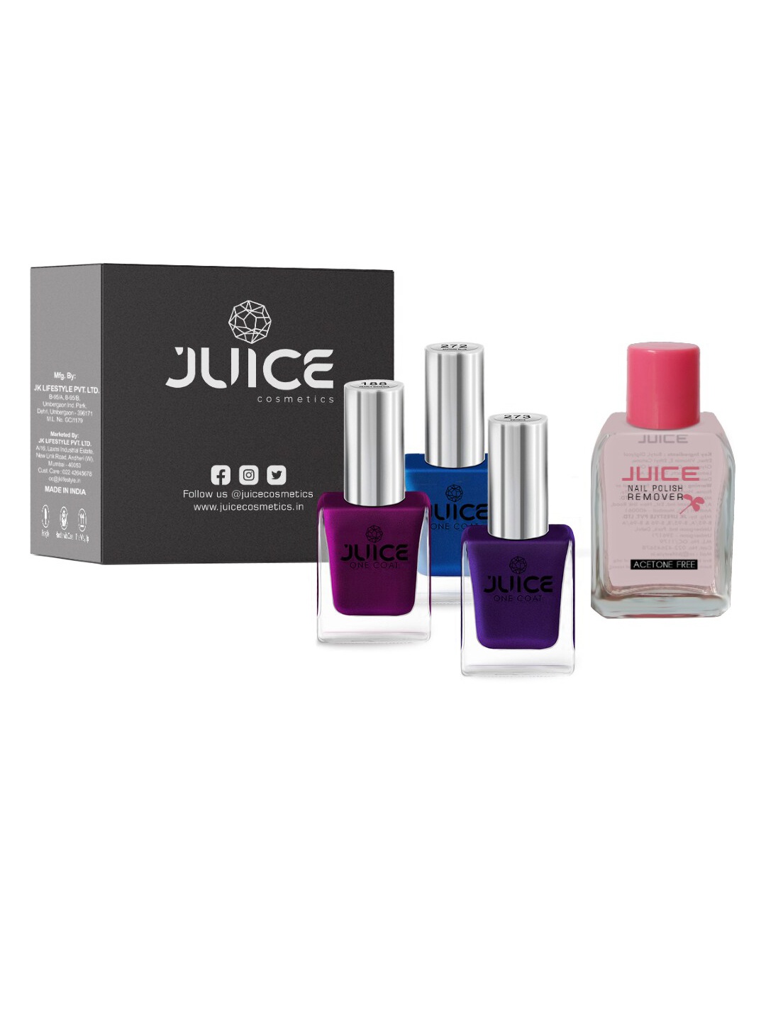 

JUICE Set of 3 One Coat Nail Polishes with Nail Polish Remover, Blue