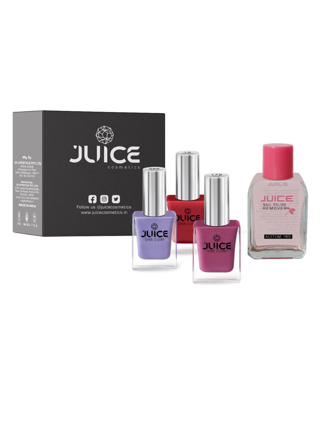 

JUICE Set of 3 One Coat Nail Polishes with Nail Polish Remover, Purple
