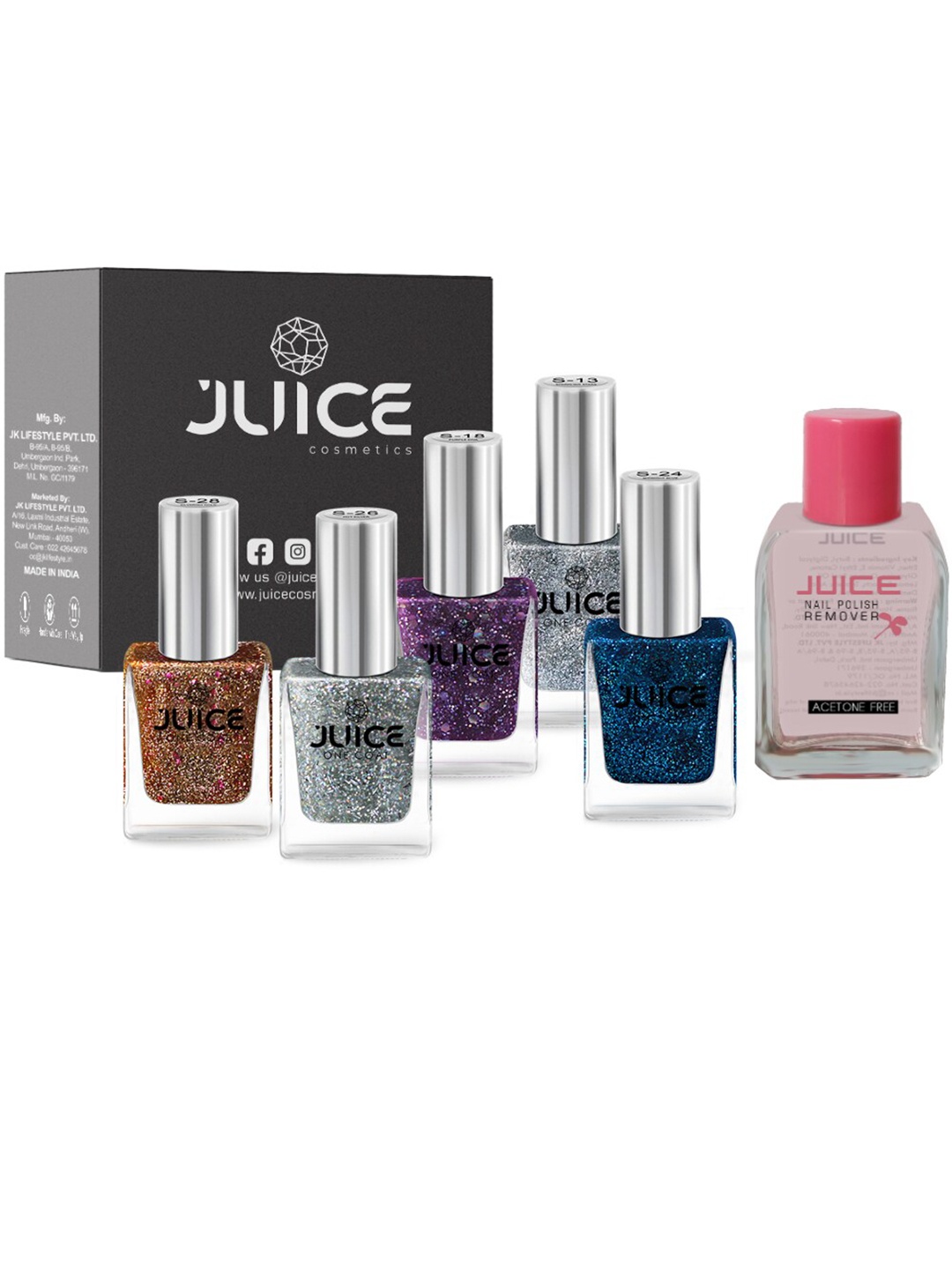 

JUICE Set of 5 One Coat Nail Polishes with Nail Polish Remover, Multi