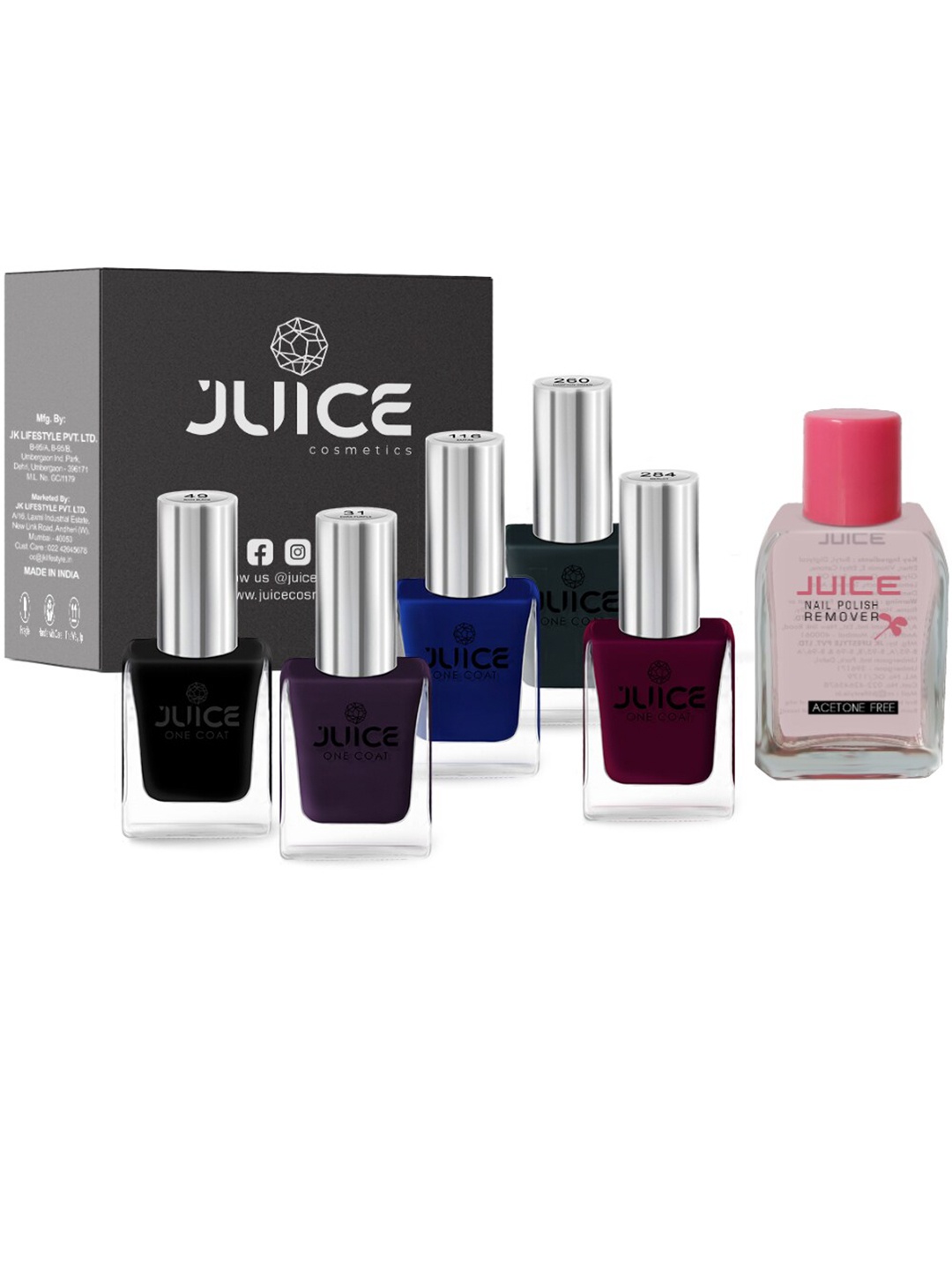 

JUICE Set of 5 One Coat Nail Polishes with Nail Polish Remover, Multi