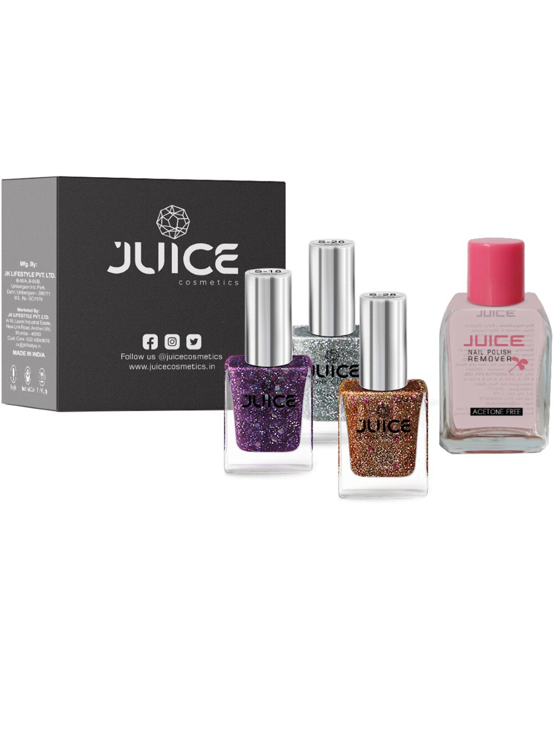 

JUICE Set of 3 One Coat Nail Polishes with Nail Polish Remover, Purple