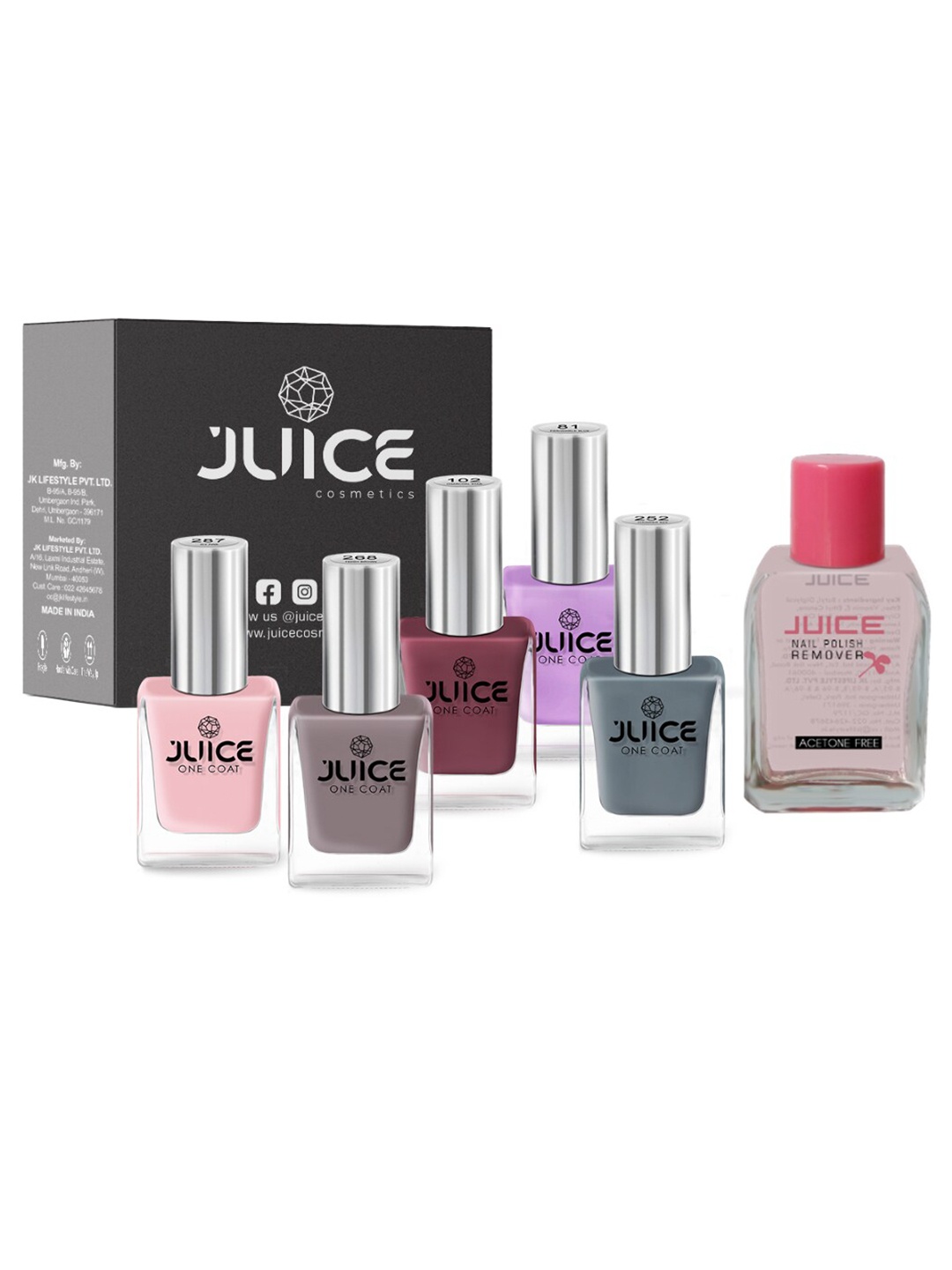 

JUICE Set of 5 One Coat Nail Polishes with Nail Polish Remover, Multi