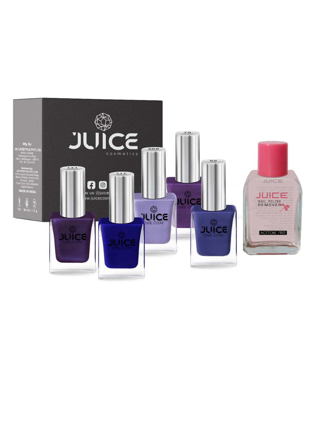 

JUICE Set of 5 One Coat Nail Polishes with Nail Polish Remover, Blue