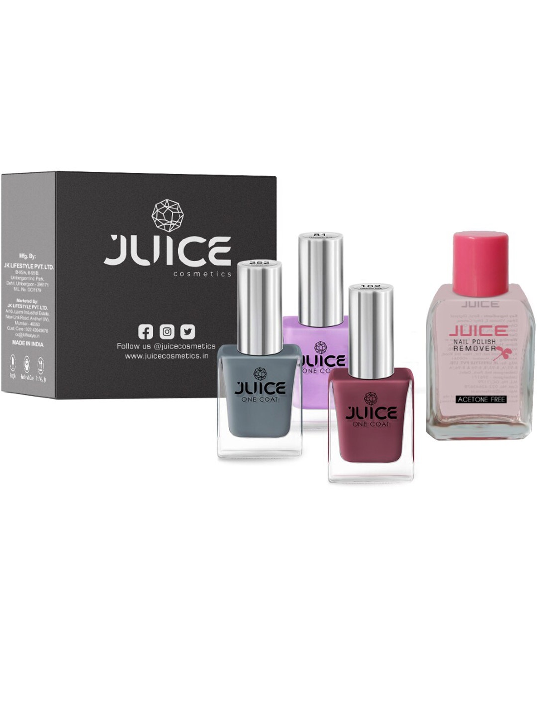 

JUICE Set of 3 One Coat Nail Polishes with Nail Polish Remover, Pink