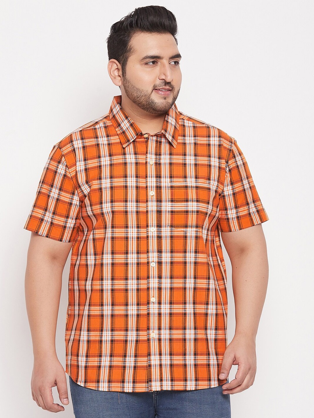 

bigbanana Men Plus Size Orange Classic Tartan Checks Checked Casual Shirt